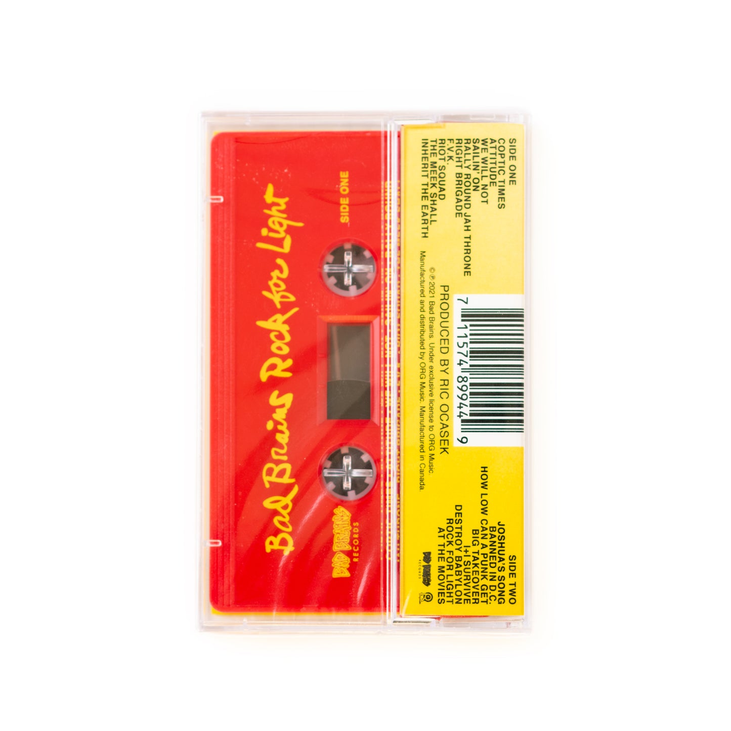 Back cover of Bad Brains Rock for Light cassette showing tracklist, production details, and red cassette tape.