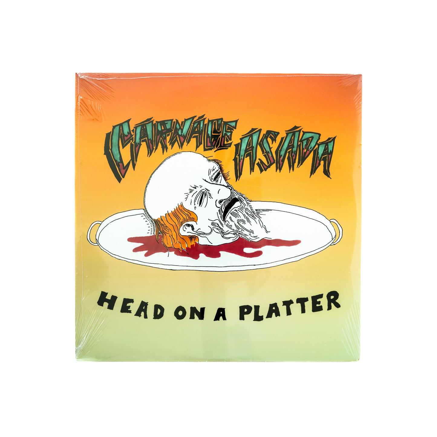 Front cover illustration of Carnage Asada's Head on a Platter, featuring surreal, hand-drawn artwork of a head on a platter by George Murillo.