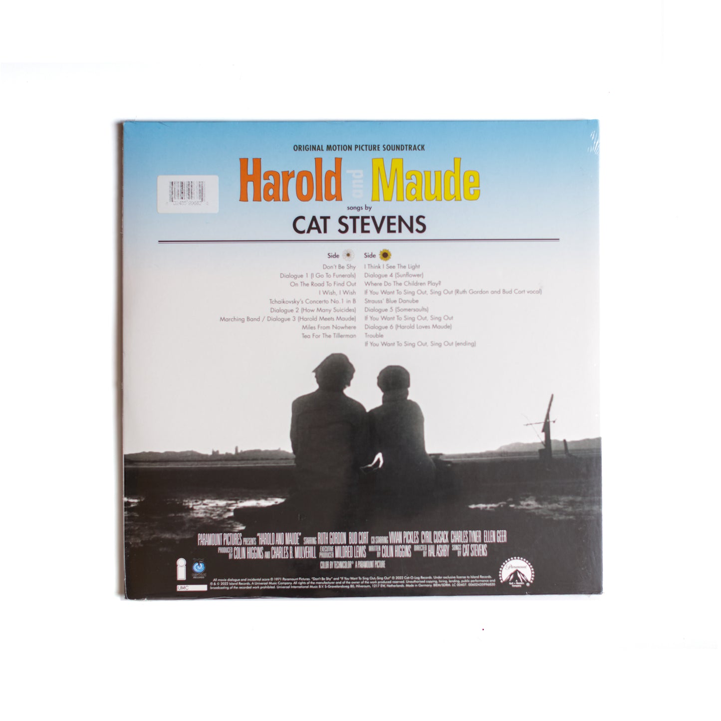Back cover of Harold and Maude LP with tracklist, credits, and 2022 reissue details, featuring simple design and subtle film-inspired elements.