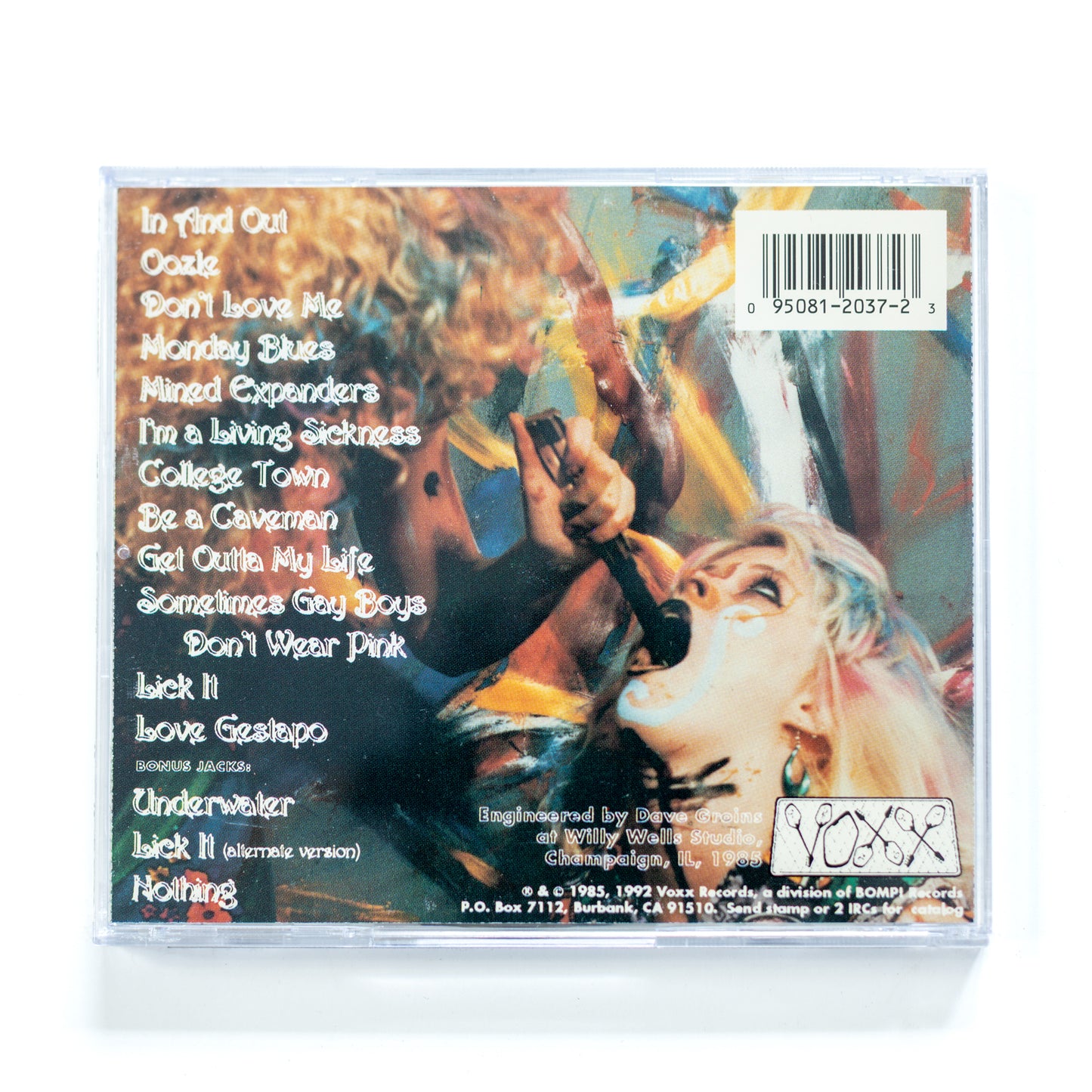 Back cover of Dwarves Horror Stories CD showing full tracklist including 'In and Out,' 'Oozle,' 'Love Gestapo,' and bonus tracks like 'Underwater' and 'Lick It (Alternate Version),' 2004 release, a punk rock blast with dark humor and raw energy.