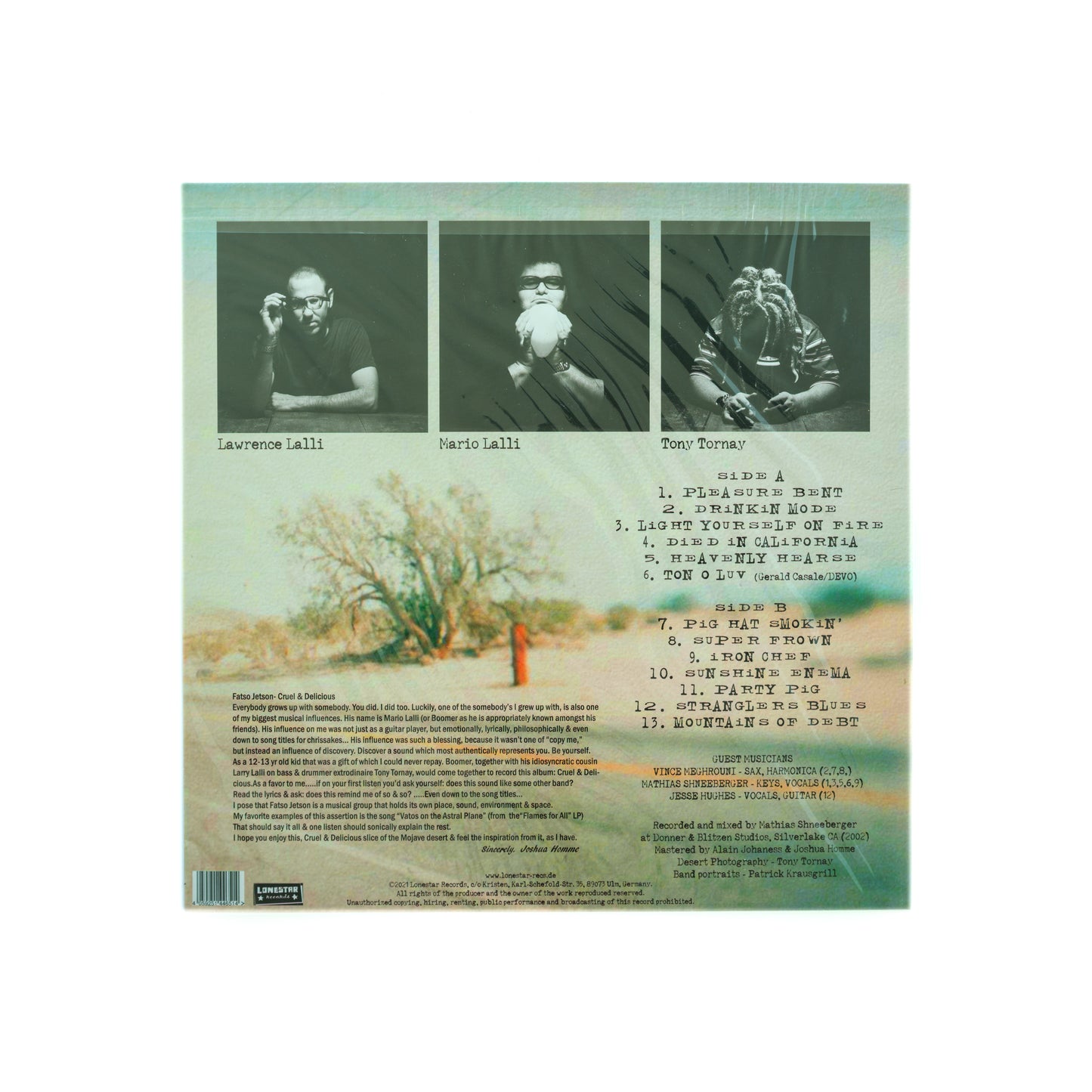 Back cover of Fatso Jetson – Cruel and Delicious LP, Lonestar Records edition, with full 13-track listing, lineup credits, and layered collage visuals that echo the record’s chaotic, genre-blurring energy rooted in the Palm Desert underground.