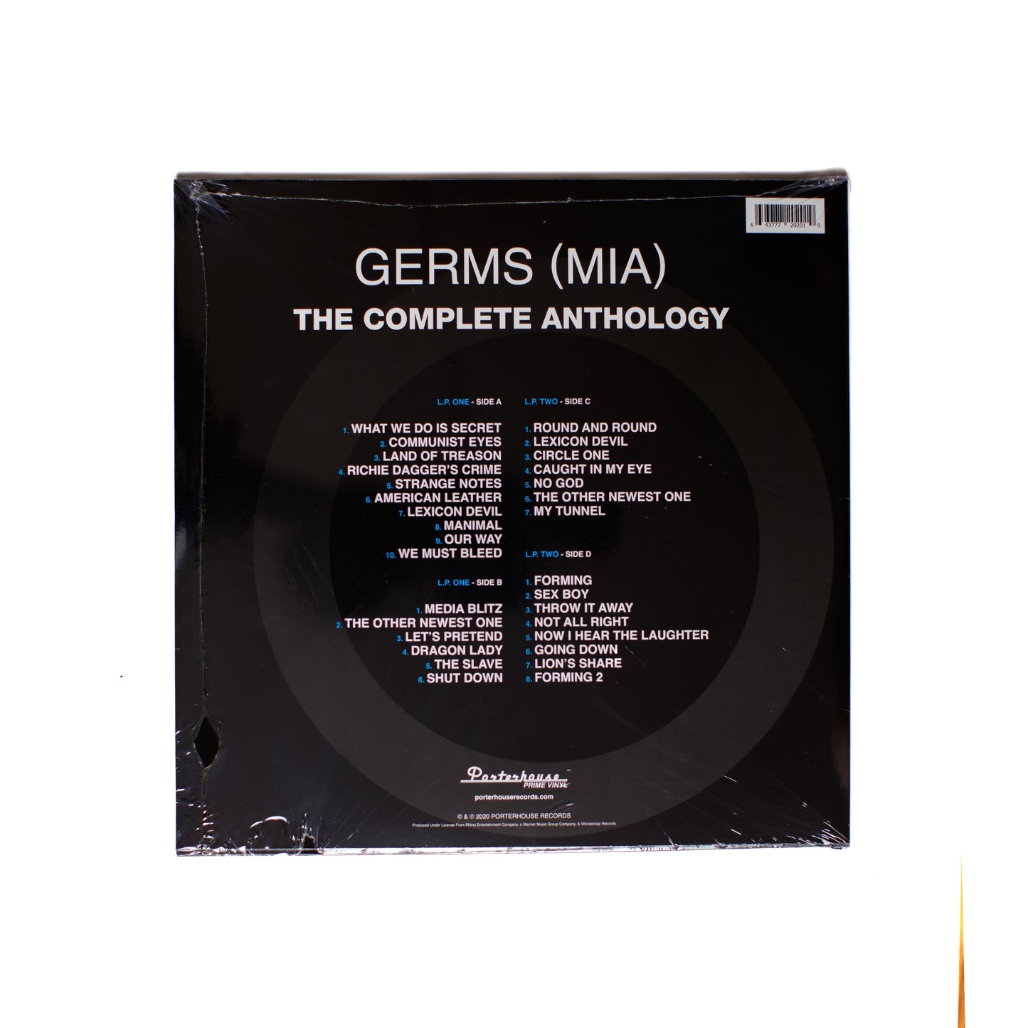 Back cover of Germs (MIA) anthology LP featuring full tracklist, liner notes, and band credits in stark black and white layout.