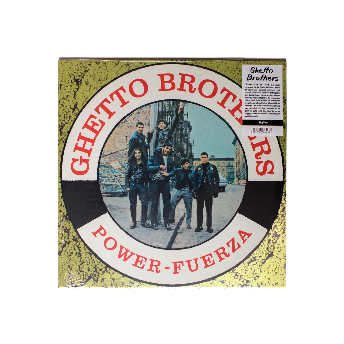 Ghetto Brothers Power-Fuerza LP front cover featuring the band posing on a Bronx street with guitars and bold red album title text.