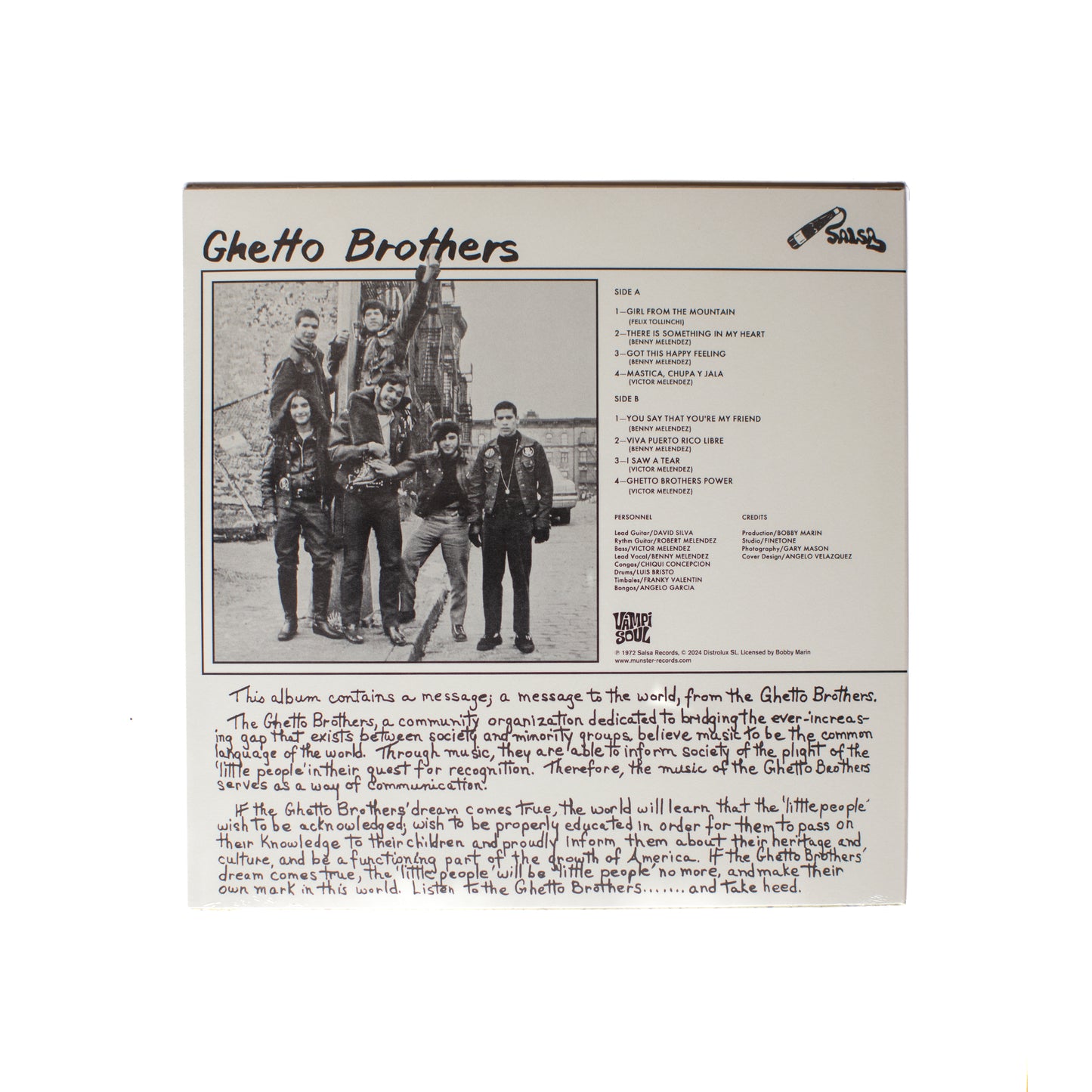 Back cover of Ghetto Brothers Power-Fuerza LP showing tracklist, band photo, and production credits with classic 1970s design elements.