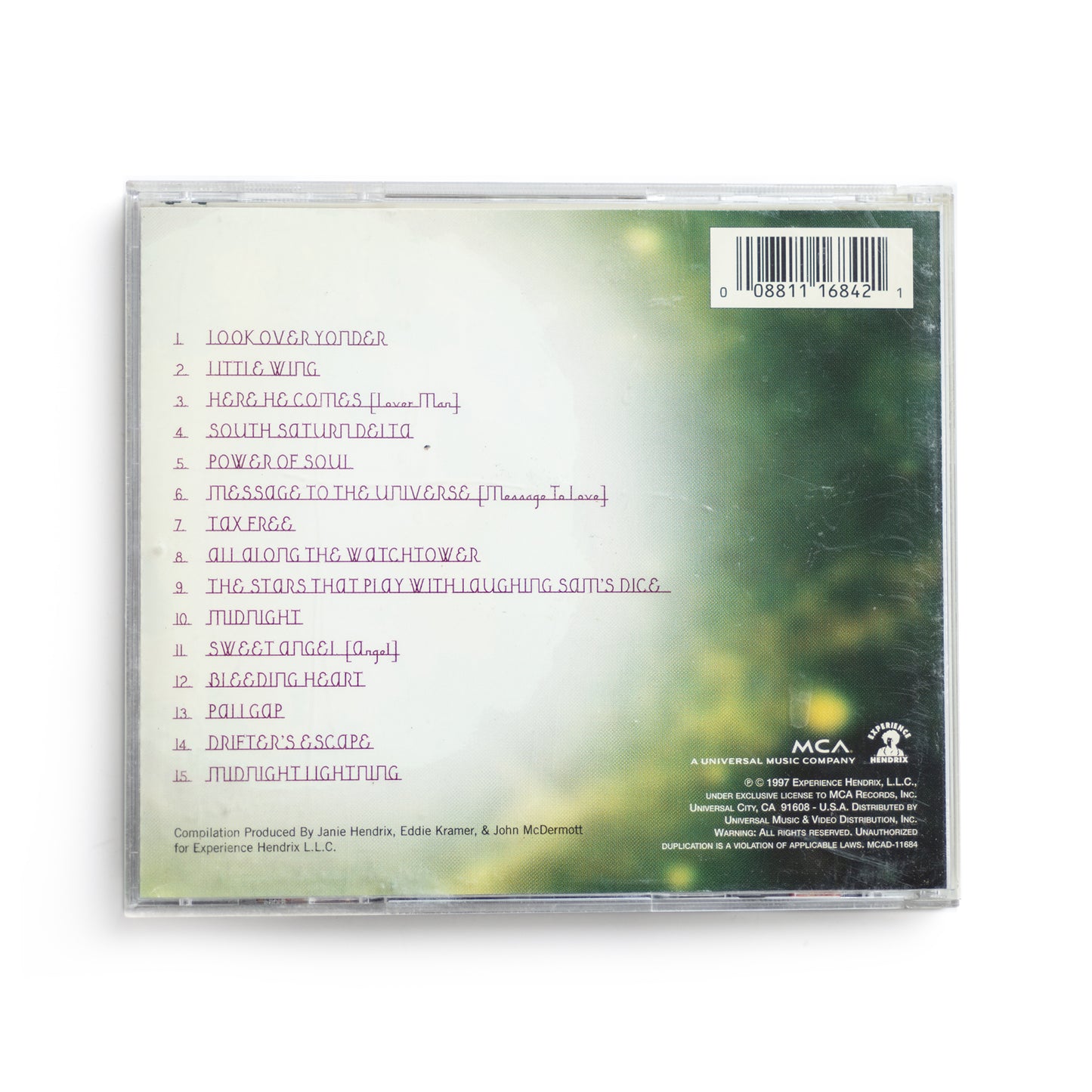 Back cover of Jimi Hendrix South Saturn Delta CD showing full tracklist including 'Look Over Yonder,' 'Hey Baby (New Rising Sun),' and 'Peace in Mississippi,' 1997 release, showcasing rare studio material and alternate takes from the Jimi Hendrix catalog.