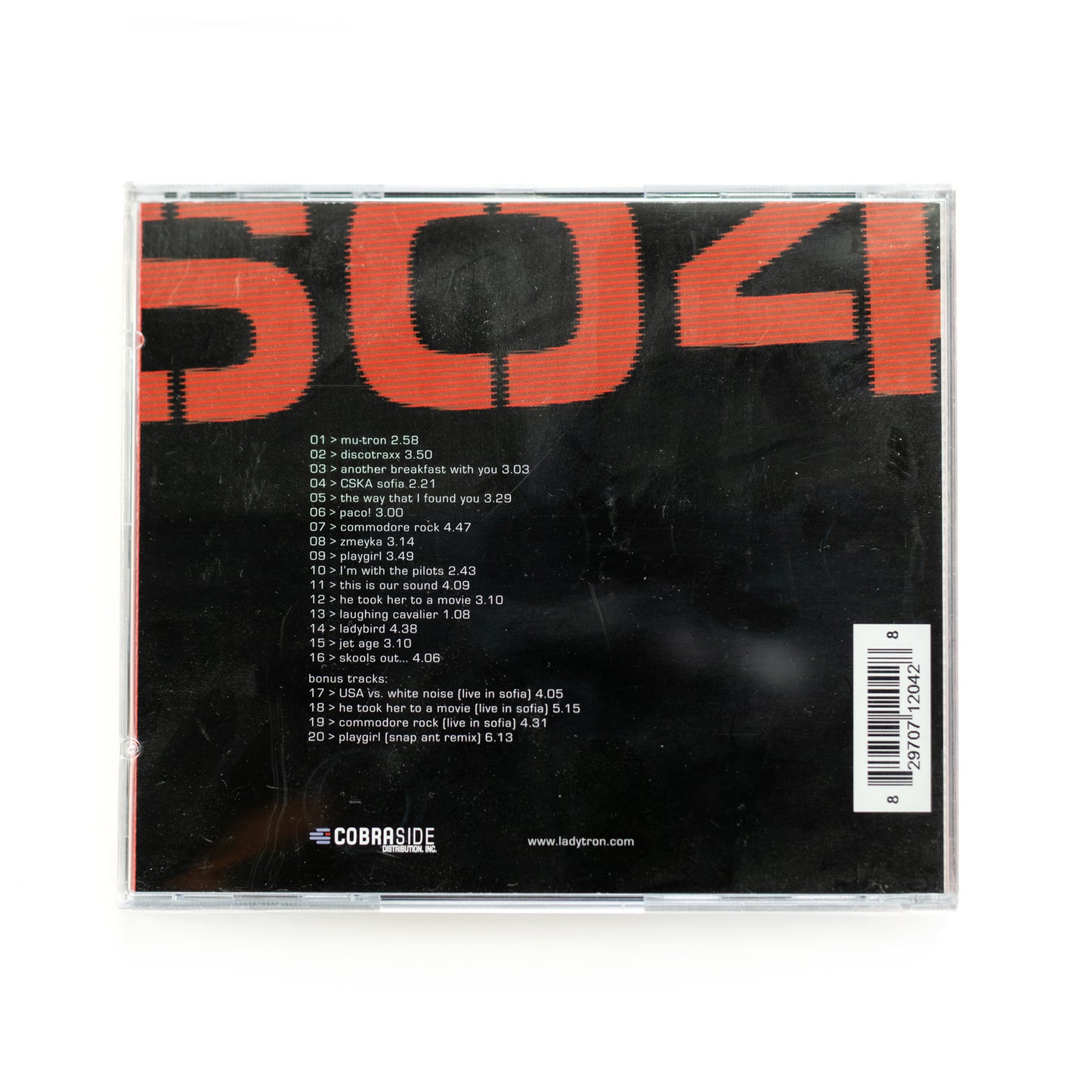 Back cover of Ladytron 604 CD showing full tracklist including 'The Way That I Found You,' 'Seventeen,' and 'Playgirl,' 2001 debut from British electro-pop band, blending retro synths and new wave influences.