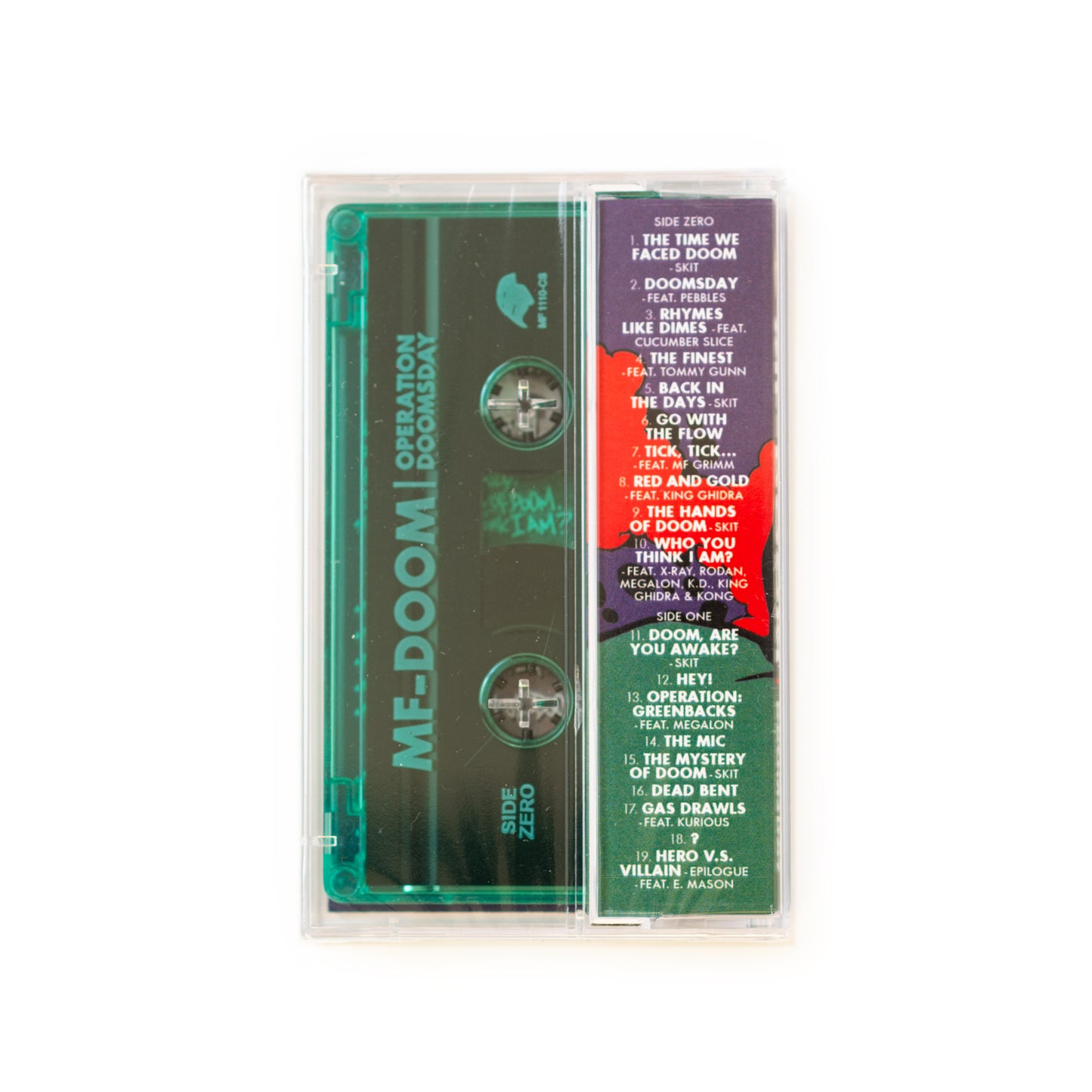 Back cover of MF DOOM Operation Doomsday cassette featuring tracklist, album credits, green tape, and cassette release details.