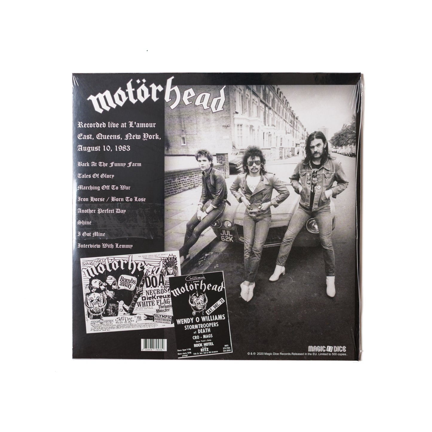 Back cover of Tales Of Glory LP showing live tracklist from 1983 L’Amour show, performance photo, and minimalist broadcast details.