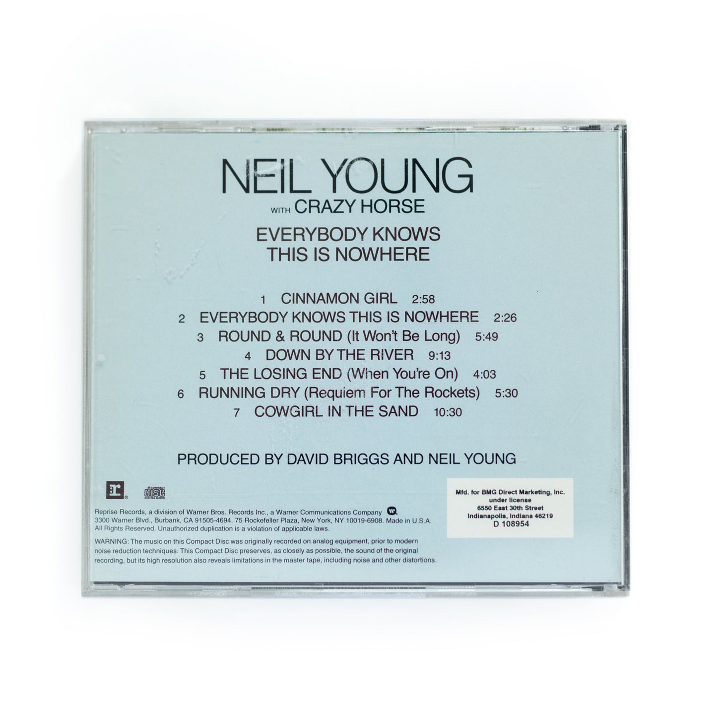 Back cover of Neil Young Everybody Knows This Is Nowhere CD showing full tracklist including 'Cowgirl in the Sand' and 'Cinnamon Girl,' 1969 album with Crazy Horse, Reprise Records release, classic rock and folk influence.