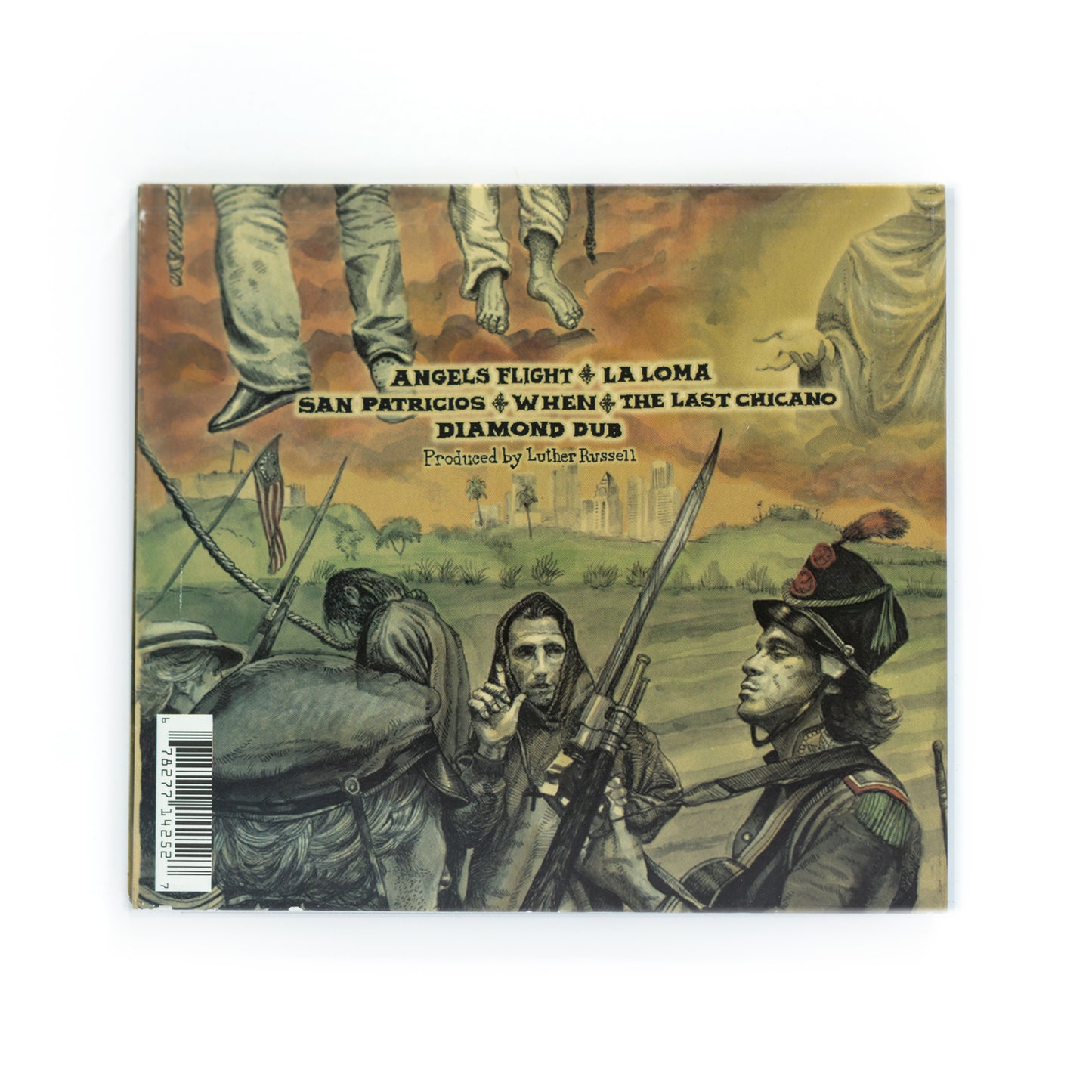 Back cover of Ollin San Patricios CD showing full tracklist blending traditional Mexican and Irish folk influences, tribute to San Patricio Battalion, East Los Angeles Chicano punk band Ollin, cultural and historical themes.