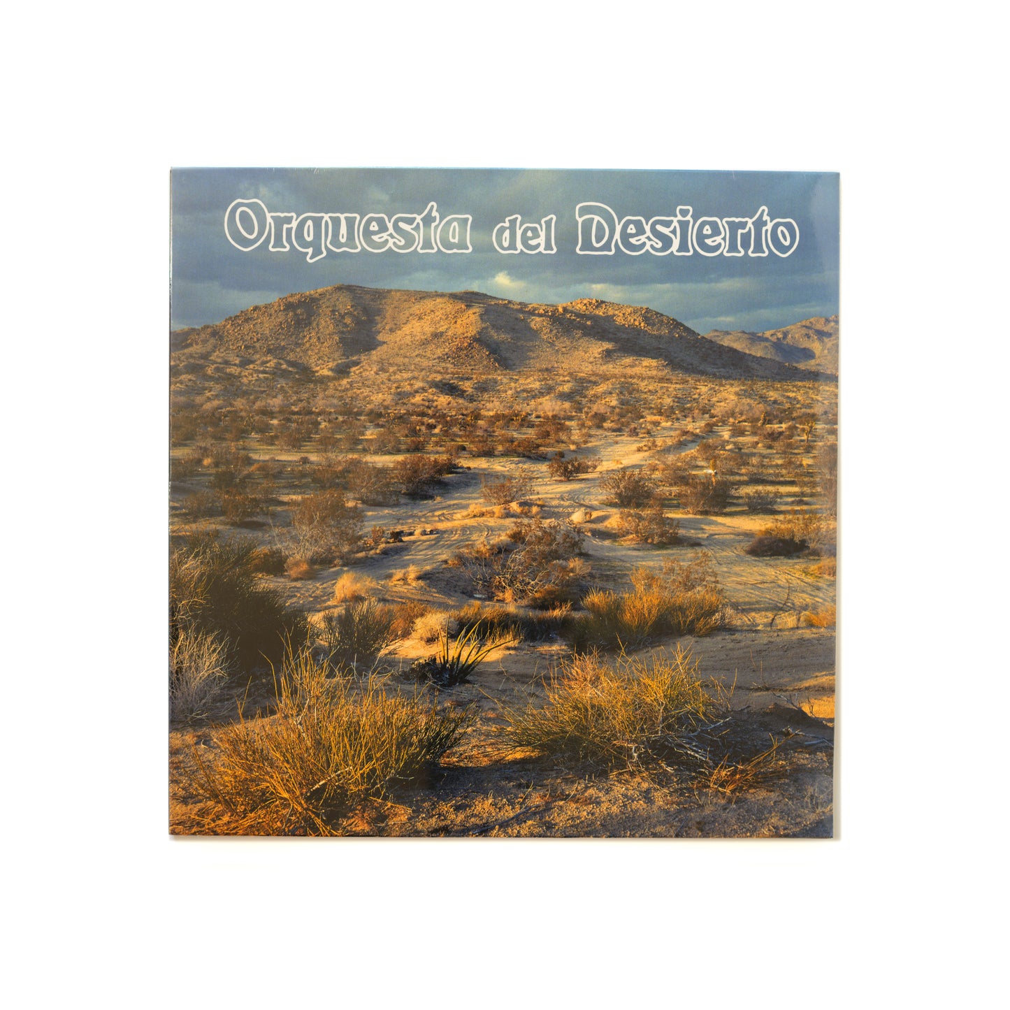 Front cover of Orquesta del Desierto self-titled vinyl LP, an image of the the high desert landscape, warm, earthy tones, a hazy California desert horizon, and stylized text—evoking the laid-back, sunbaked vibe of early 2000s stoner rock and psychedelic Americana.