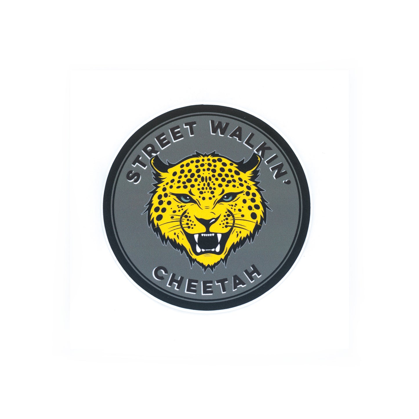 3.5-inch round black vinyl sticker featuring a cheetah in the center — inspired by The Stooges’ “Search and Destroy” lyric — matte, waterproof, and UV coated.