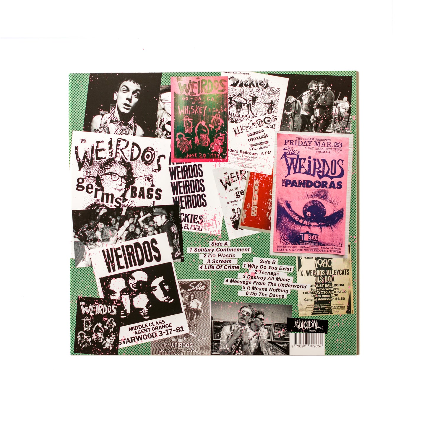 Back cover of The Weirdos Live at the Whisky LP featuring tracklist, live performance details, and classic 70s punk design.