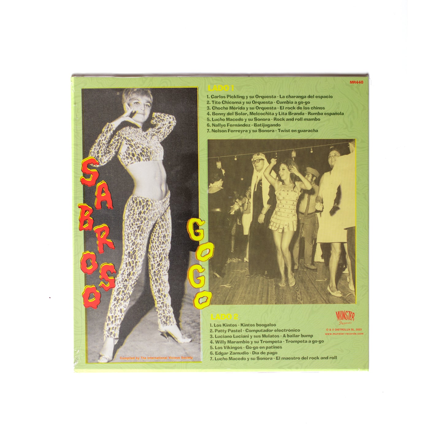 Back cover of Sabroso Go Go LP with tracklist and artist credits, featuring a lively, retro design inspired by Latin music culture.