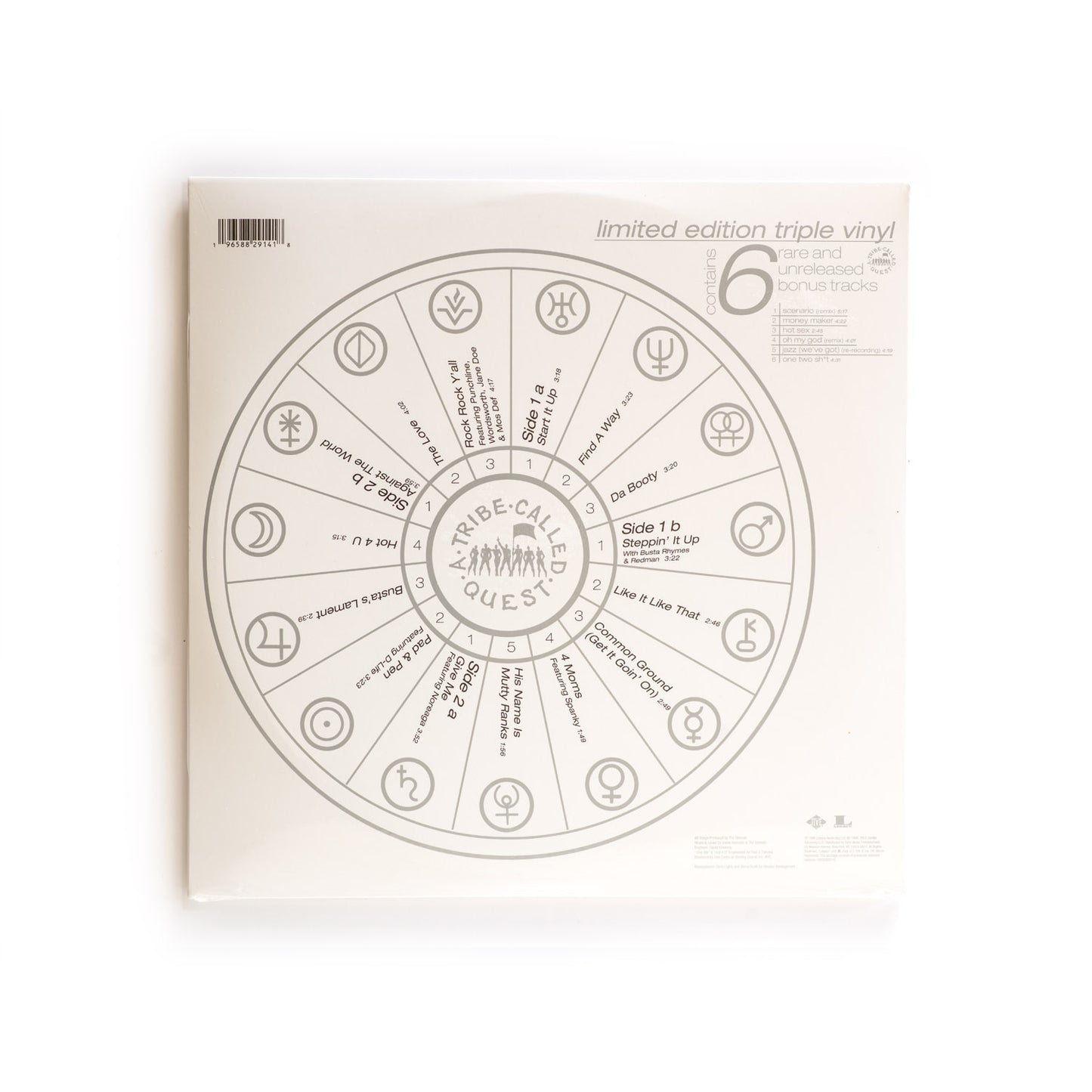 Back cover of A Tribe Called Quest – The Love Movement 3xLP vinyl album. 2023 Jive/Legacy reissue with full tracklist and production credits from The Ummah.