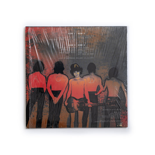 AC/DC Capital Of Sin vinyl LP back cover – tracklist of 1979 Amsterdam live performance, blue translucent double LP, rare unofficial AC/DC bootleg, hard rock collectible