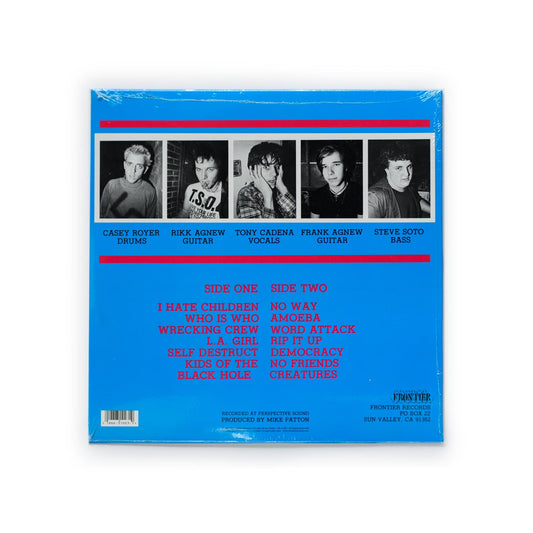 Back cover of Adolescents – Adolescents LP, showcasing track listing and band photos by Glen E. Friedman. Reissue on black vinyl.