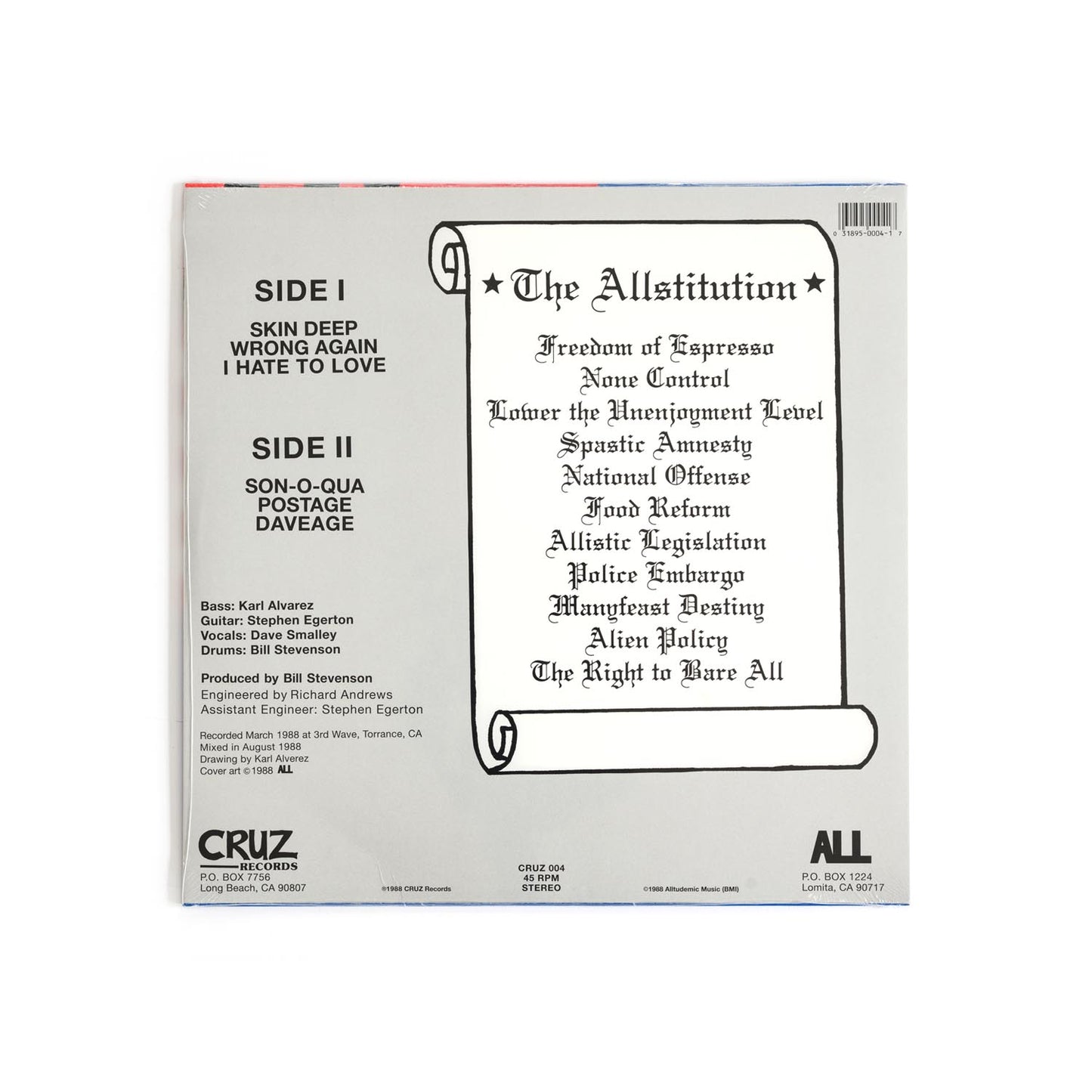 Back cover of Allroy For Prez EP by ALL, showing tracklist in bold typography. Includes cartoon illustrations and production credits, representative of the band’s DIY punk ethos and irreverent visual identity.