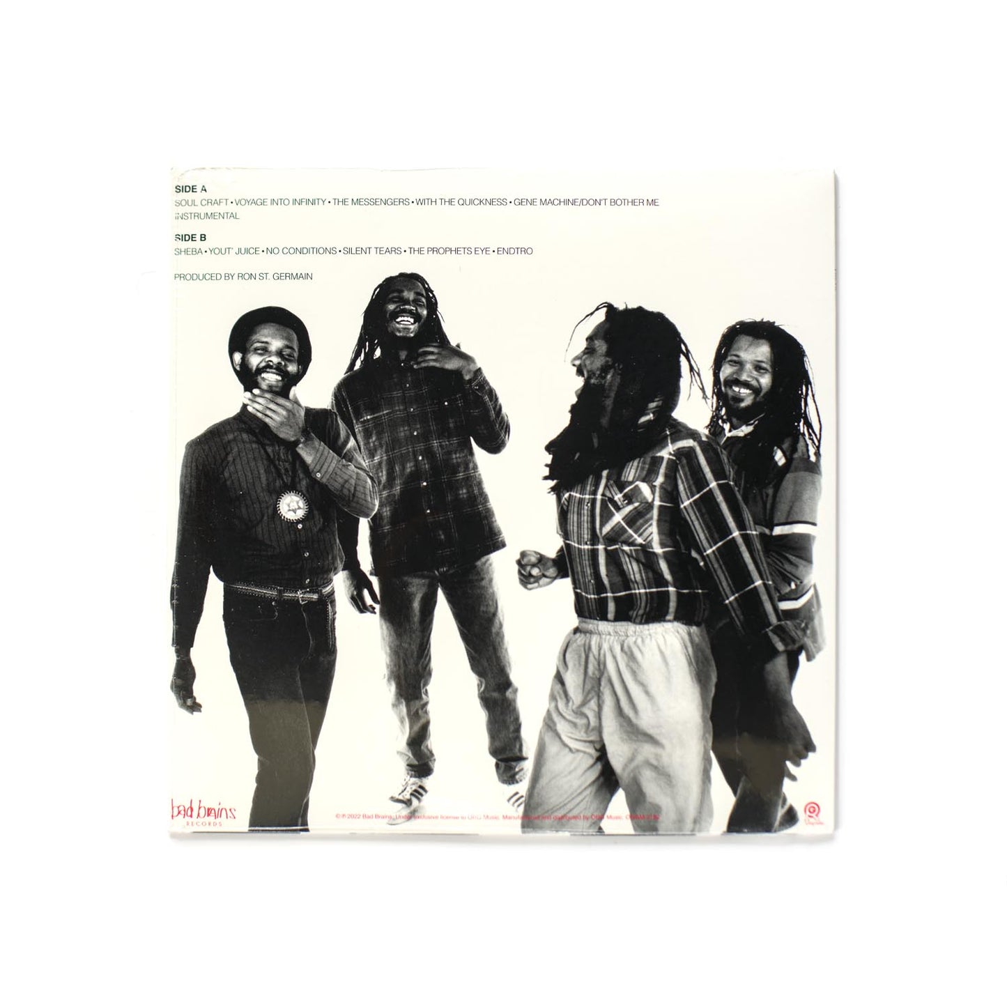 Back cover of Quickness showing the tracklist and credits set against a minimal graphic layout with photography by Dorothy Low.