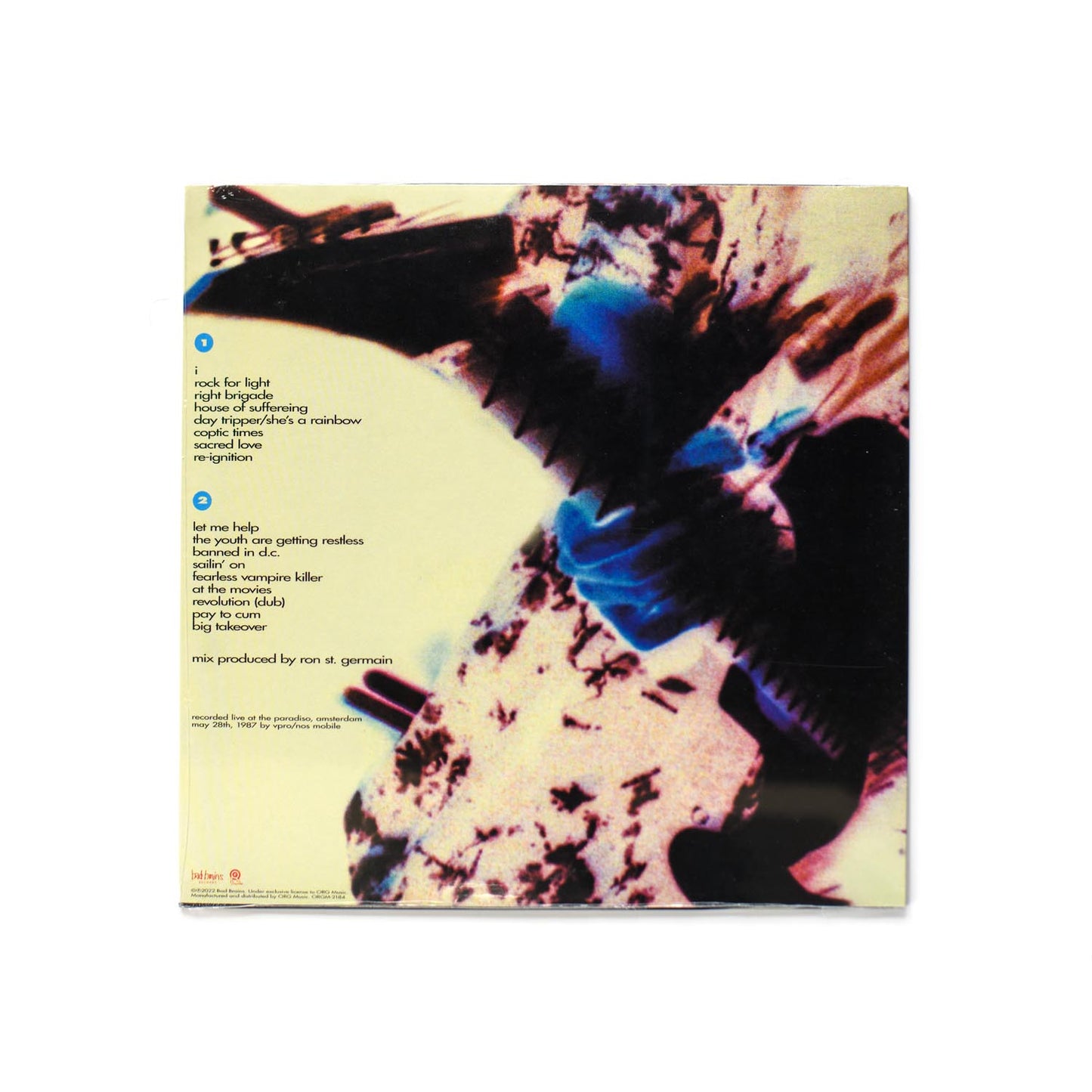 Back cover of The Youth Are Getting Restless featuring tracklist over a monochrome live photo backdrop with reissue details.