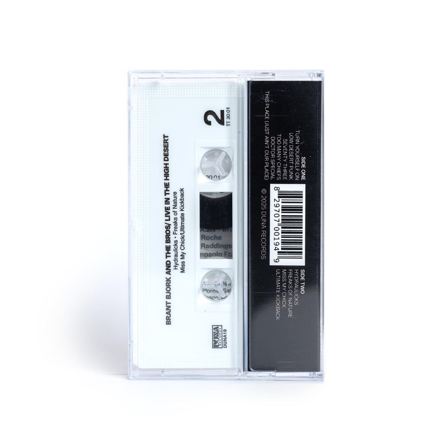 Cassette tape of Brant Bjork and The Bros Live In The High Desert with label on a white cassette tape.