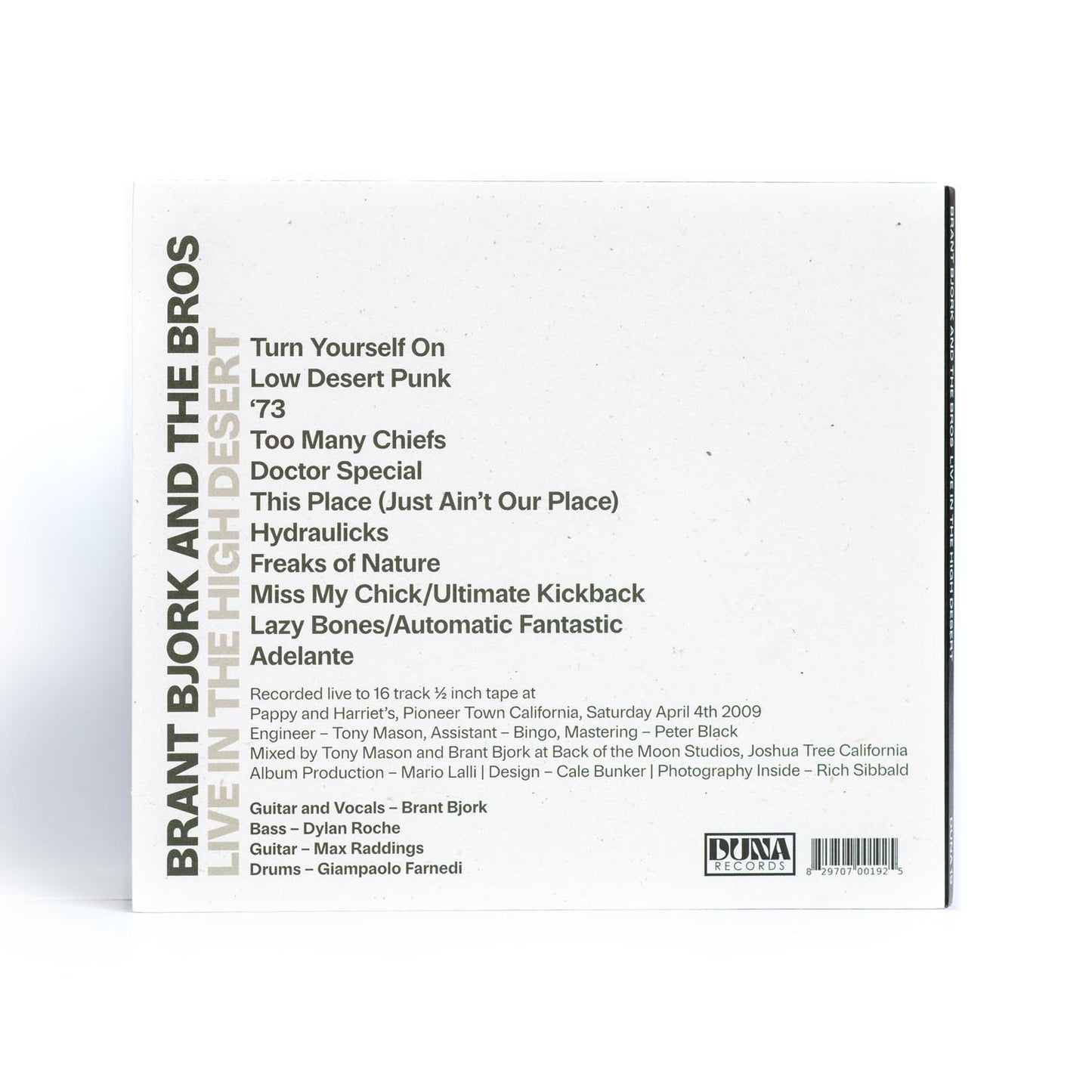 Back cover of Brant Bjork and the Bros Live in the High Desert CD with tracklist and credits.