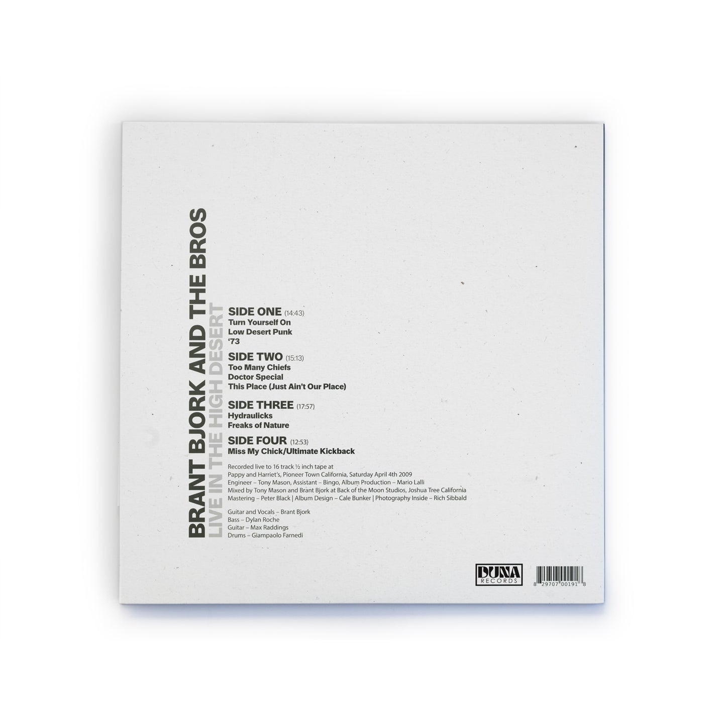 Back cover of white vinyl edition of Brant Bjork and the Bros Live in the High Desert double album.