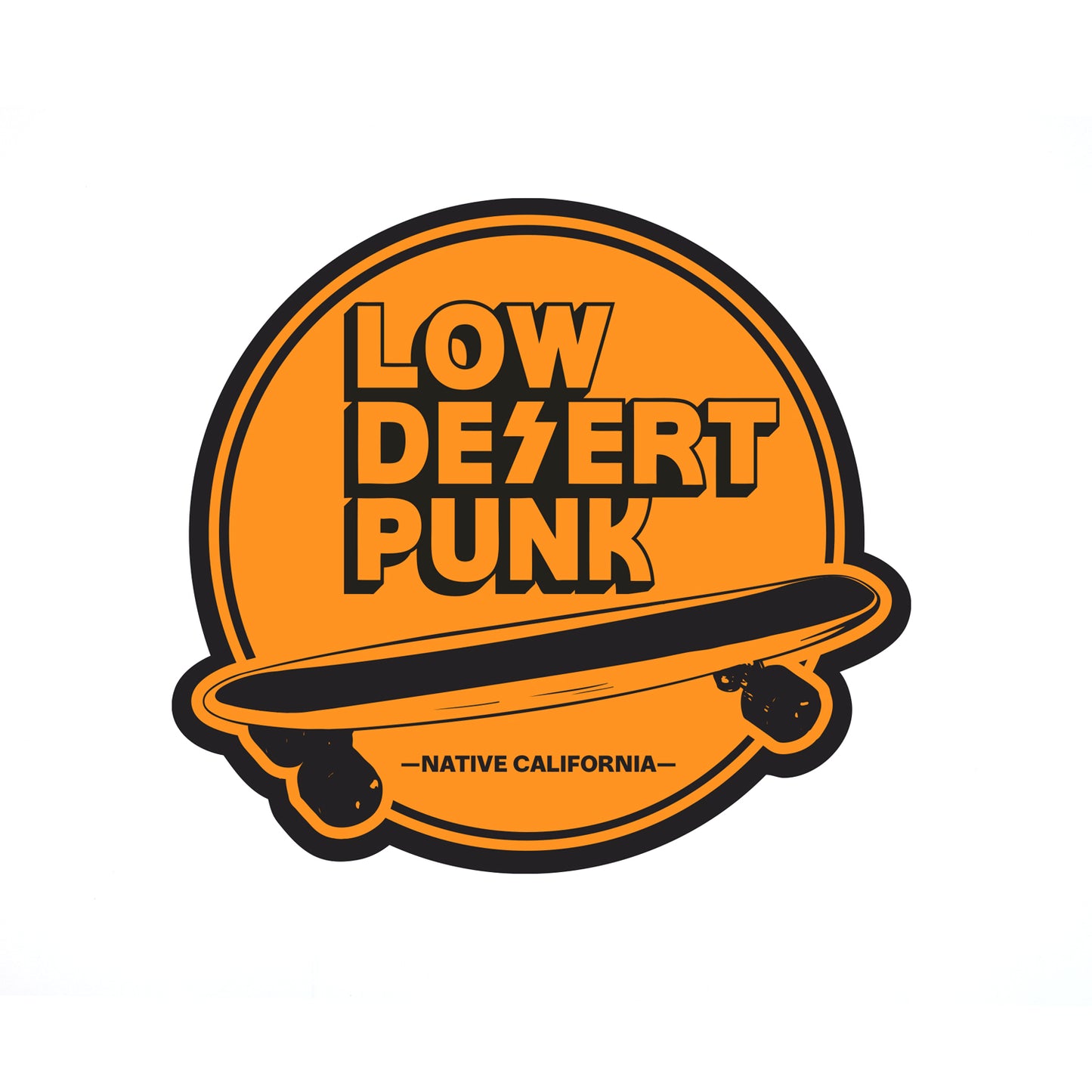 Orange and black sticker with 'Low Desert Punk' text on a white background