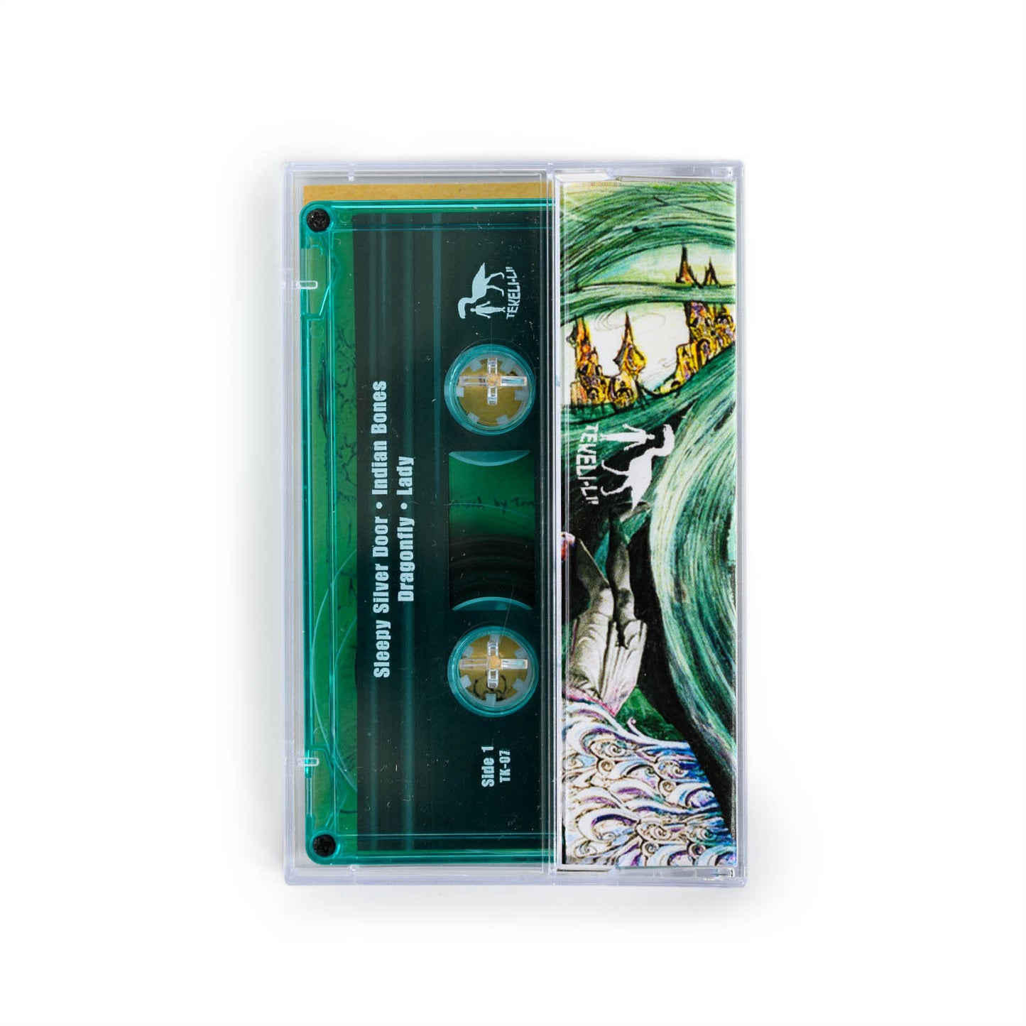 Back side of Dead Meadow self titled cassette. Translucent green cassette tape.