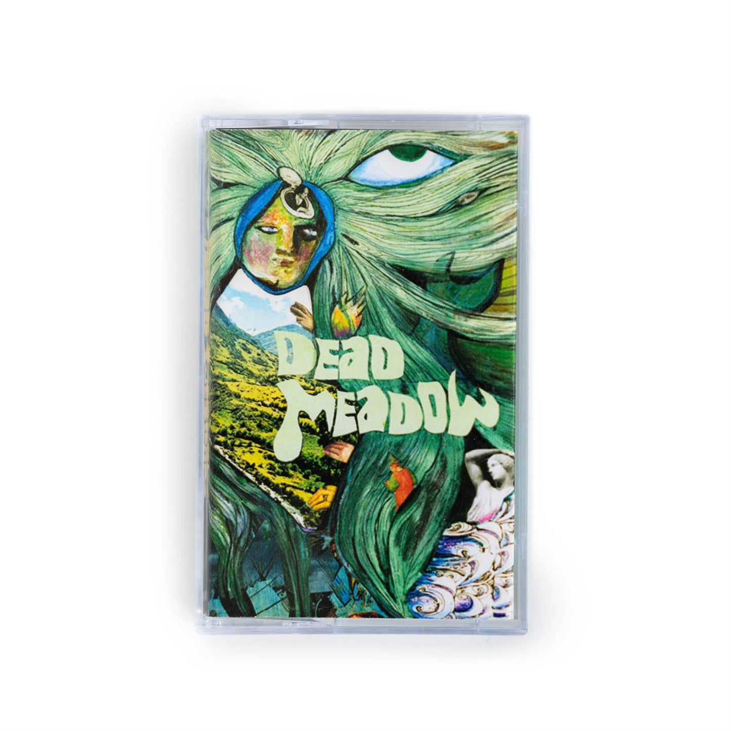 Front cover of Dead Meadow self titled cassette tape. Collage artwork and Dead Meadow in hand drawn type.