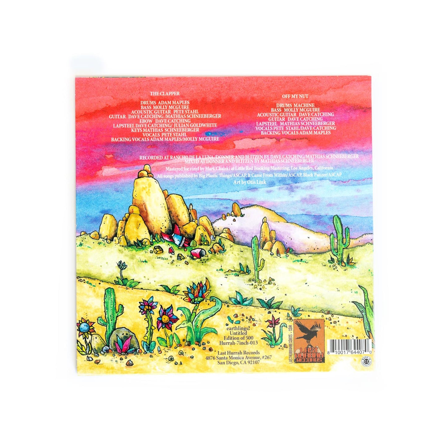 Back cover of Earthlings 7 inch with desert landscape illustration and colorful design. Credits include: Adam Maples, Molly McGuire, Pete Stahl, Dave Catching, Julian Goldwhite, Mathias Schneeberger.
