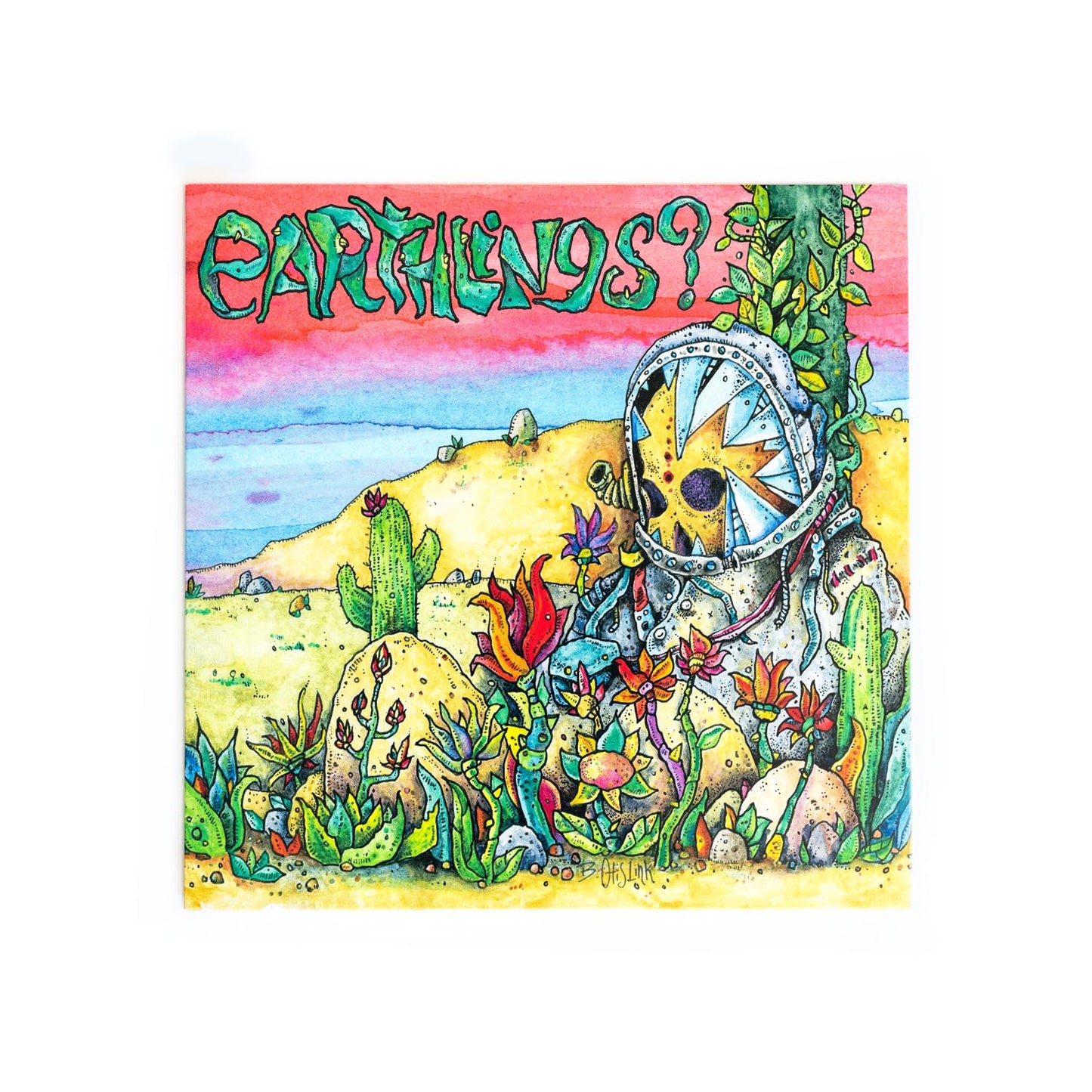 Earthlings self-titled 7 inch cover with colorful surrealistic desert art by Otis Link.