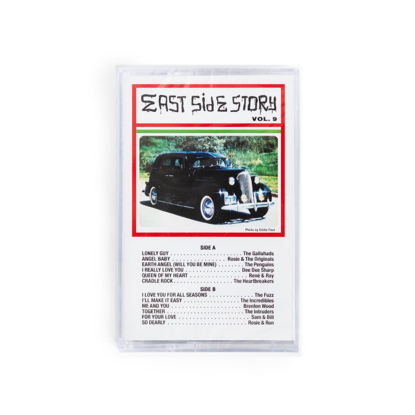 Album cover for 'East Side Story Vol. 2' cassette with a lowrider car photo and track list.
