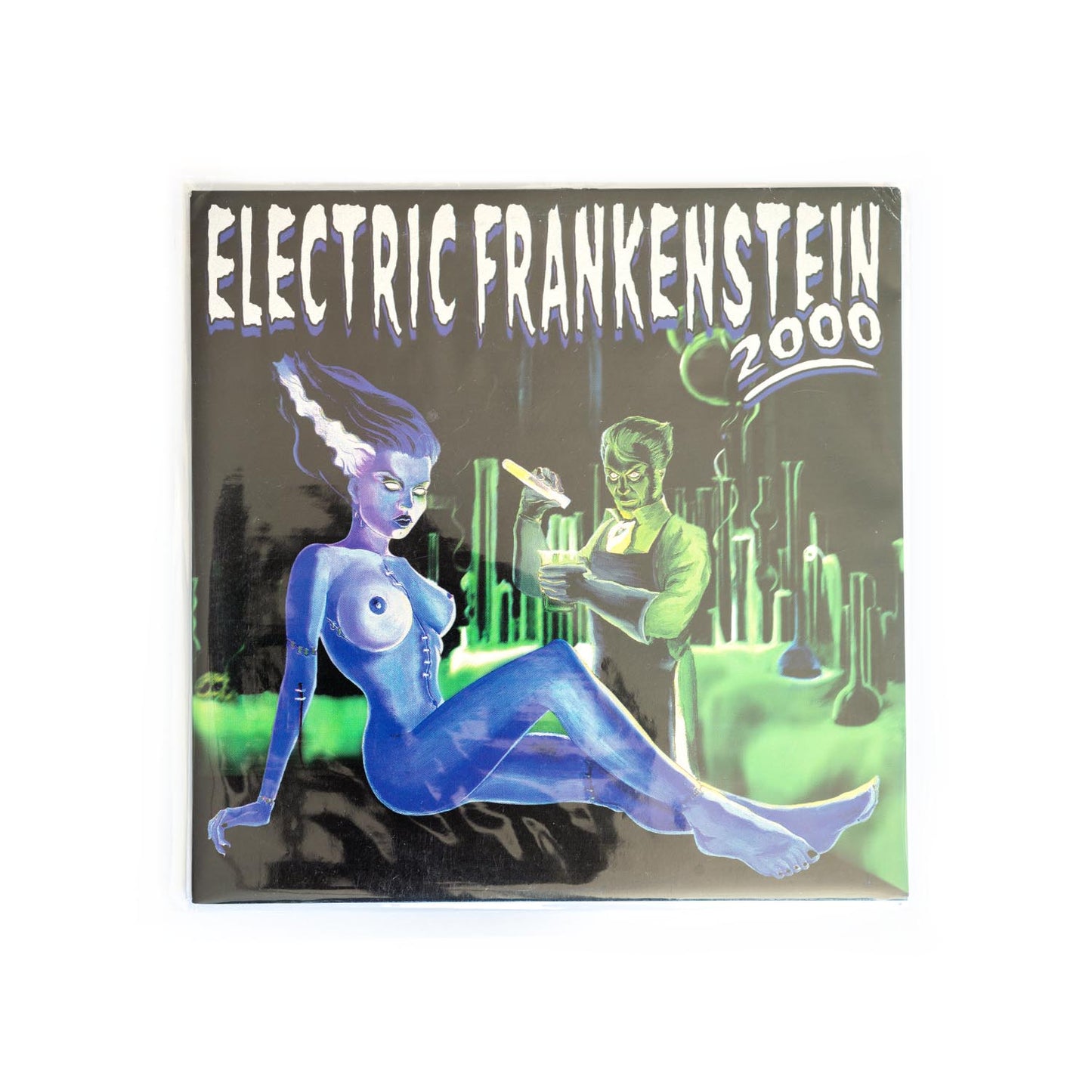 Cover of Electric Frankenstein Takin' You Down 2000 7 inch. Painting of the Bride of Frankenstein with mad scientist in the background.
