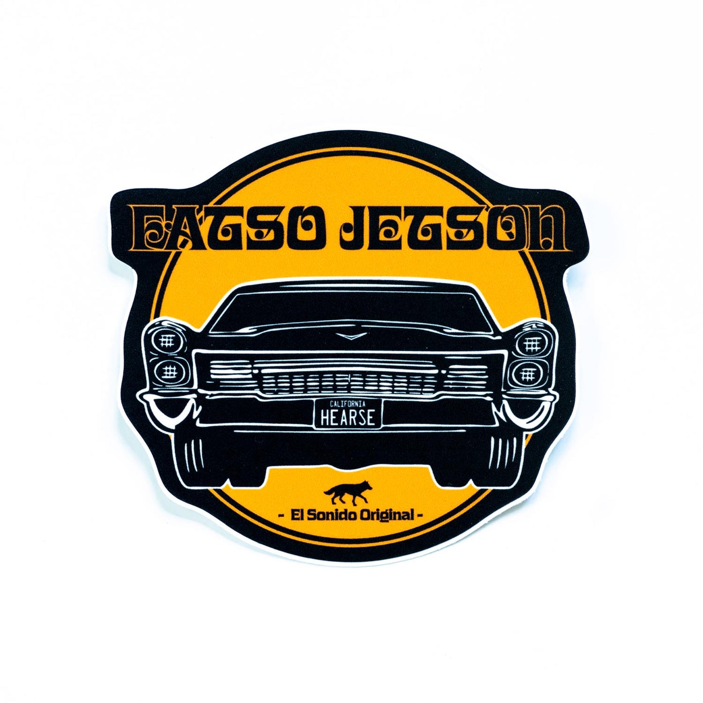 4x3.5 inch die cut Fatso Jetson sticker featuring an illustration of Mario Lalli's hearse with the words Fatso Jetson on top and El Sonido Original on bottom.