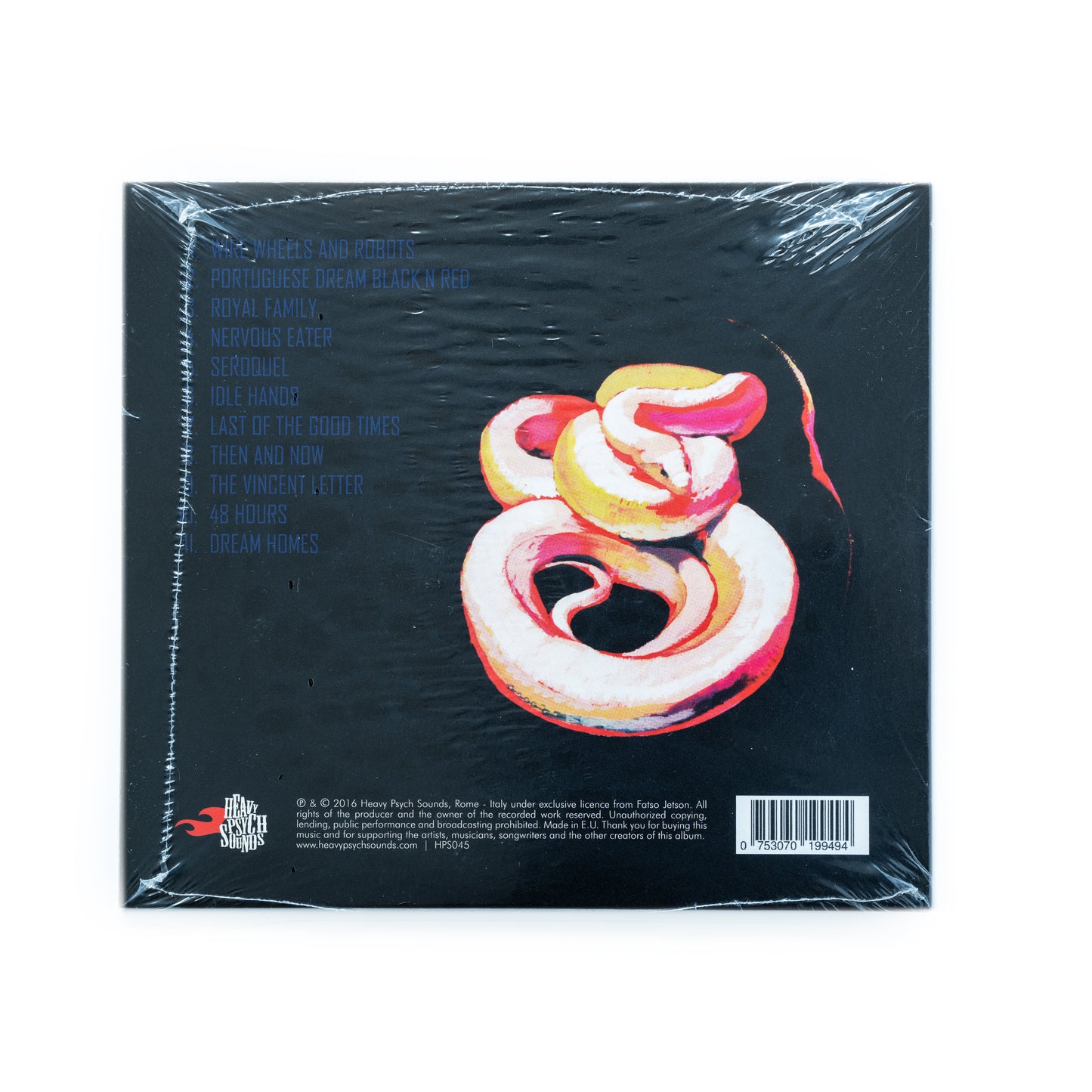 Back cover of Fatso Jetson – Idle Hands CD showing complete tracklist and record label information; design includes an abstract illustration of a snake ready to strike that reflect the heavy, genre-blending style of the album.