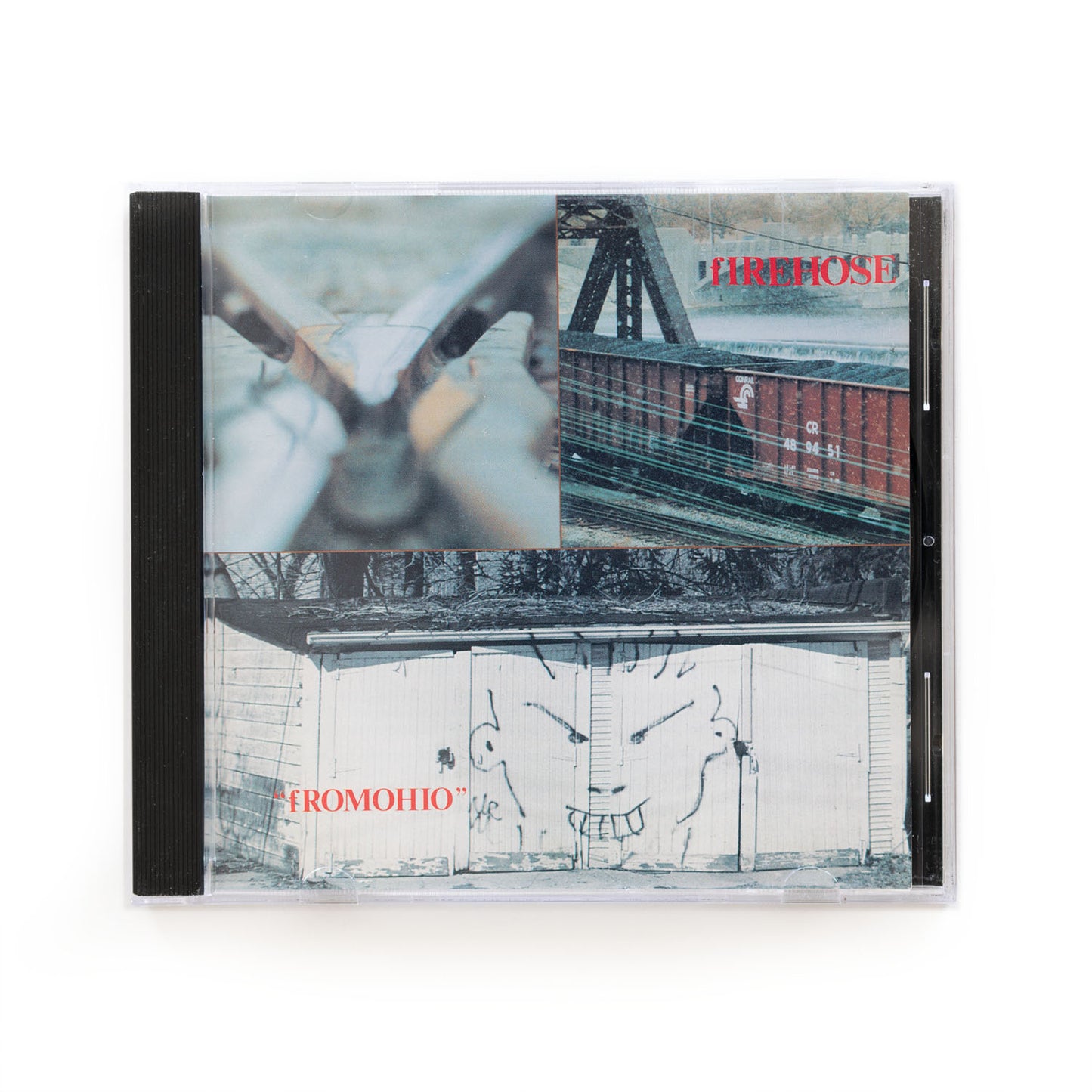 CD cover art of fIREHOSE fROMOHIO featuring the band logo in red on the top right and the album title bottom left with three photos as the background: a photo of a train, and abstract out-of-focus image and graffiti on some wooden doors.