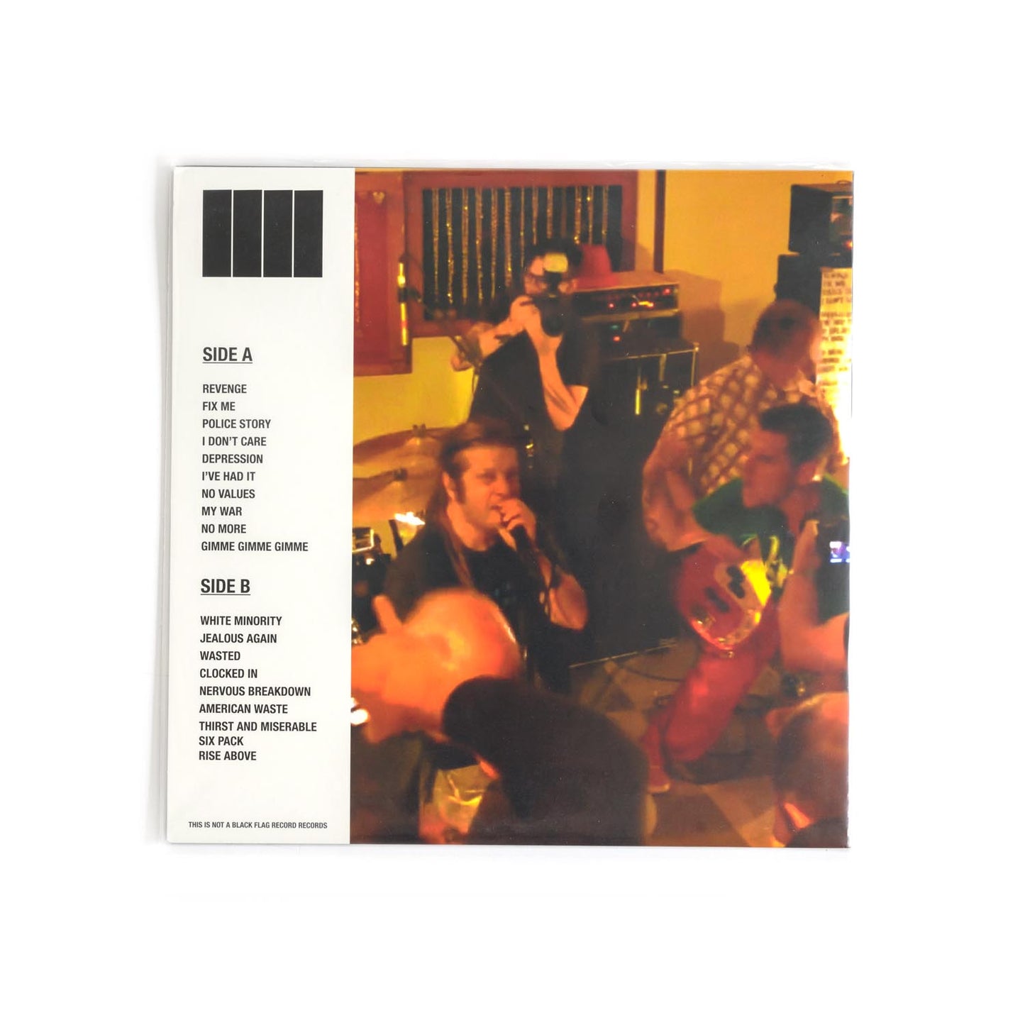 Back cover of Live At The Lodge unofficial LP showing track list of classic Black Flag songs, minimal liner notes, and misprinted title “Thirst And Miserable.” Lo-fi visual style reflects punk’s underground ethos.