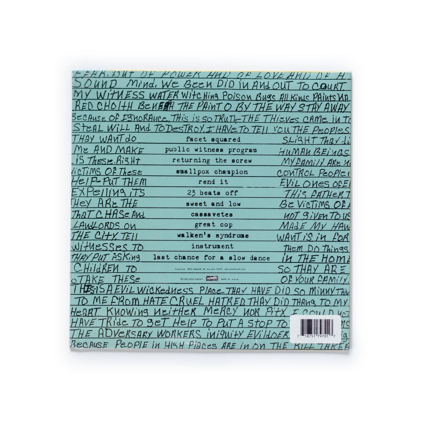 Fugazi In On The Kill Taker back cover – full tracklist with stylized typography and production credits, part of Dischord Records’ 2016 reissue series.