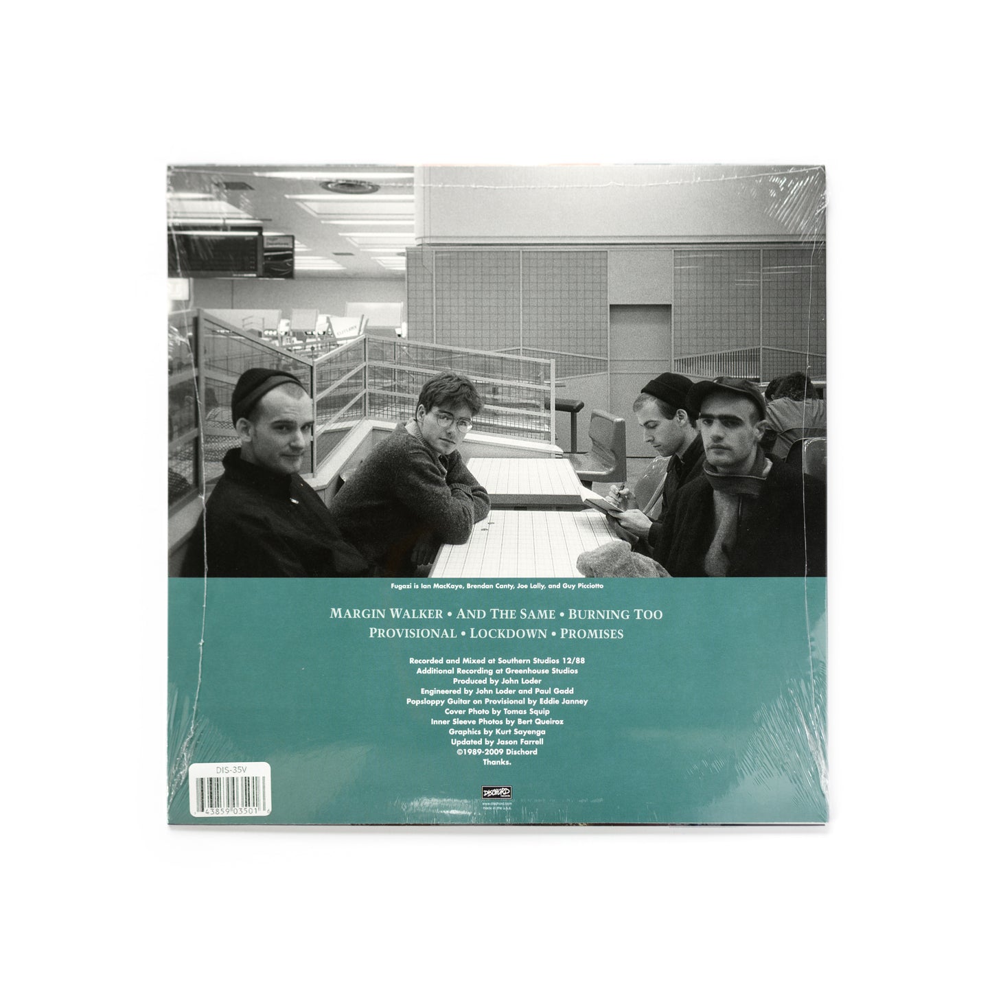 Back cover of Fugazi – Margin Walker 12-inch EP, Dischord Records reissue. Includes full tracklist, recording credits, liner notes, and photography. A remastered vinyl pressing highlighting early Fugazi recordings from 1988. Must-have for punk vinyl collectors and Dischord completists.