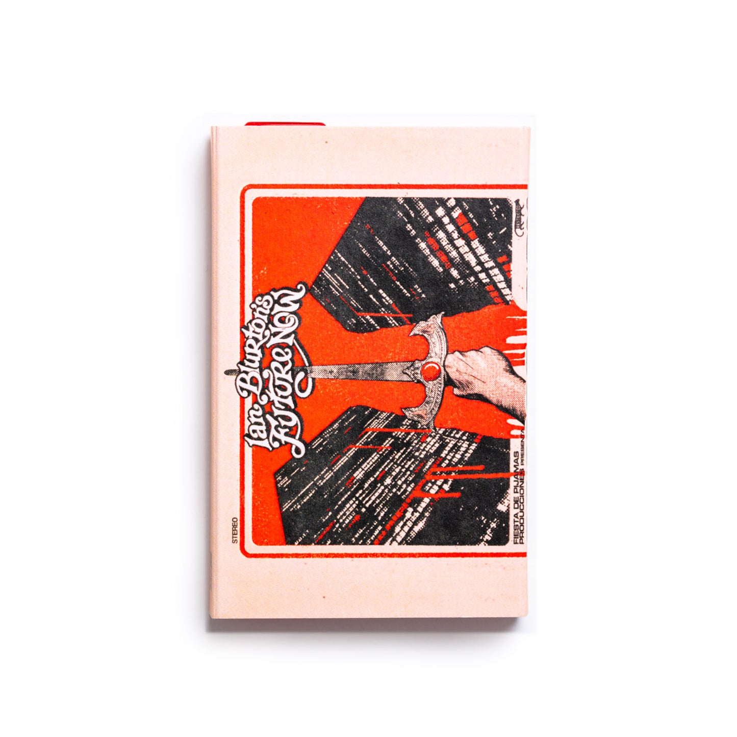 Cassette tape of Ian Blurton's Future Now Crimes of the City cover with a stylized illustration of a hand holding a sword against skyscrapers on an orange background