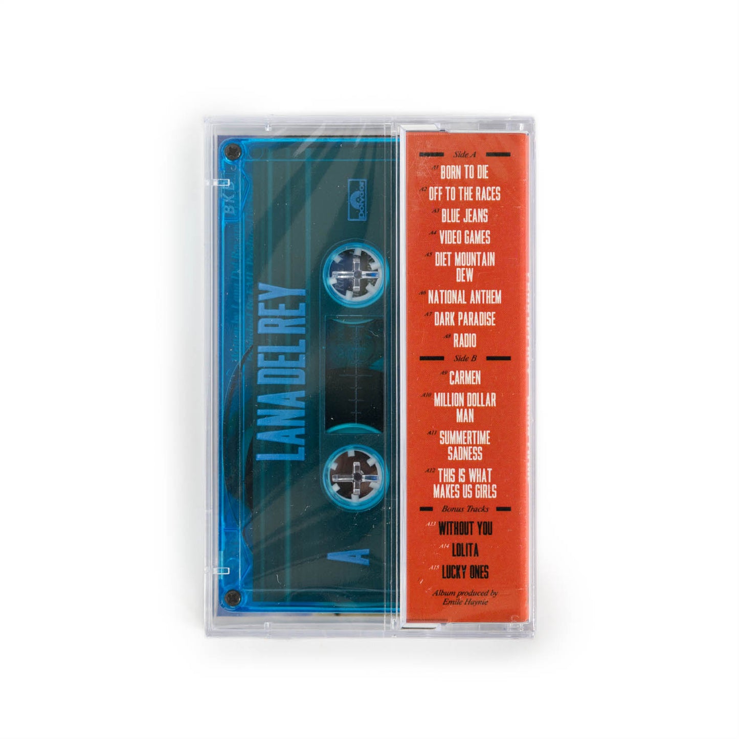 Back cover of Lana Del Rey Born To Die Deluxe Edition, clear blue cassette. Features a translucent blue cassette with the track listing on the J Card. Includes bonus tracks Without You, Lolita, and Lucky Ones.