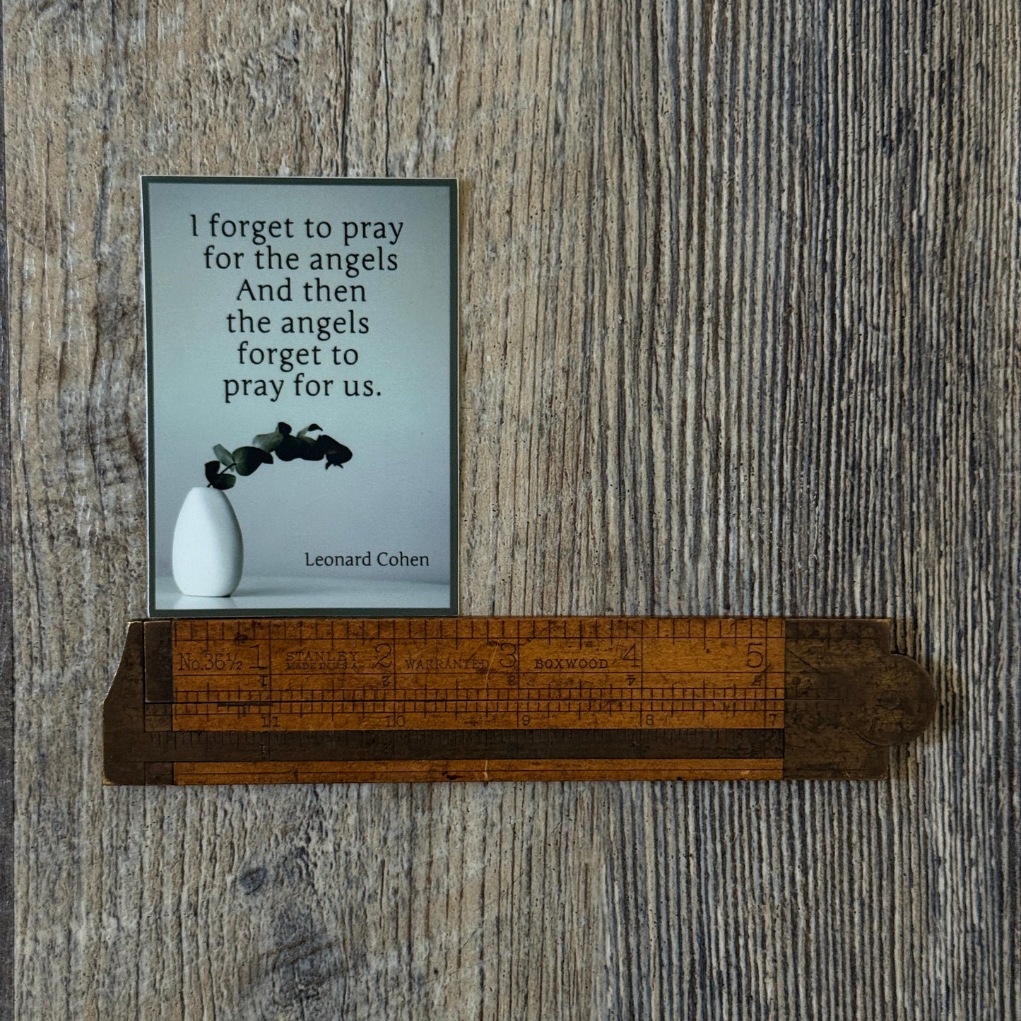 Three and a half by two and a half inch vinyl rectangle sticker with pale green palate, a minimalist design with a modern white vase and plant. The words, "I forget to pray for the angels and then the angels forget to pray for us" are at the top of sticker. It is being measured by an antique wooden ruler to show scale.