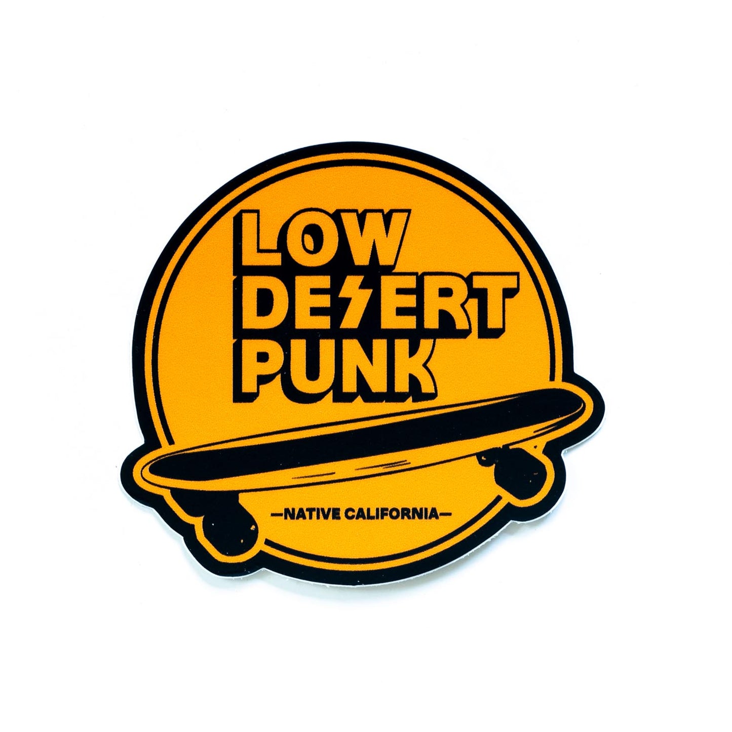 3 inch orange and black Brant Bjork Low Desert Punk Native California sticker featuring an illustration of a 70's era skateboard.