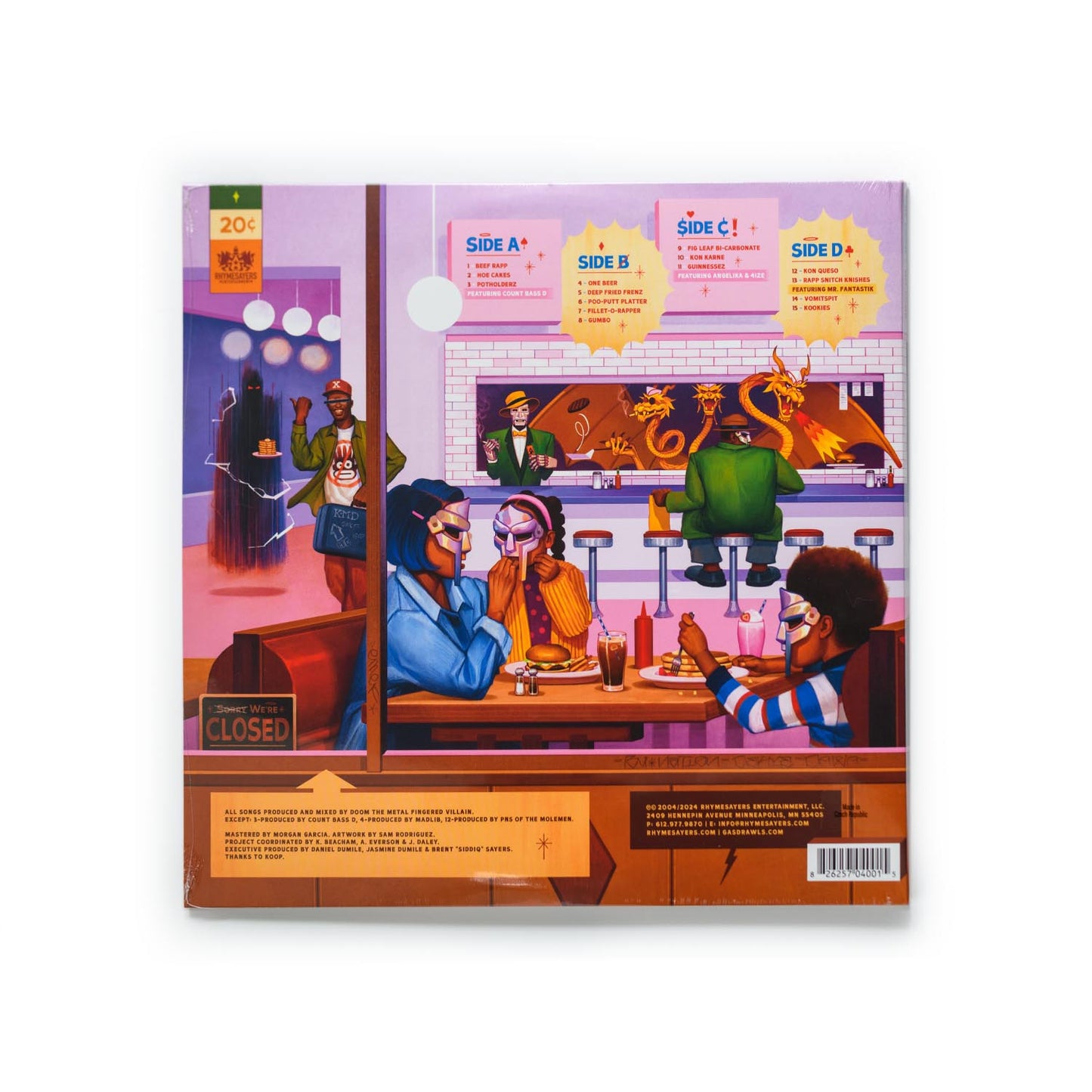 Back cover of MF DOOM’s MM..Food reissue showing full tracklist, artist credits, and Rhymesayers branding on a stylized background.