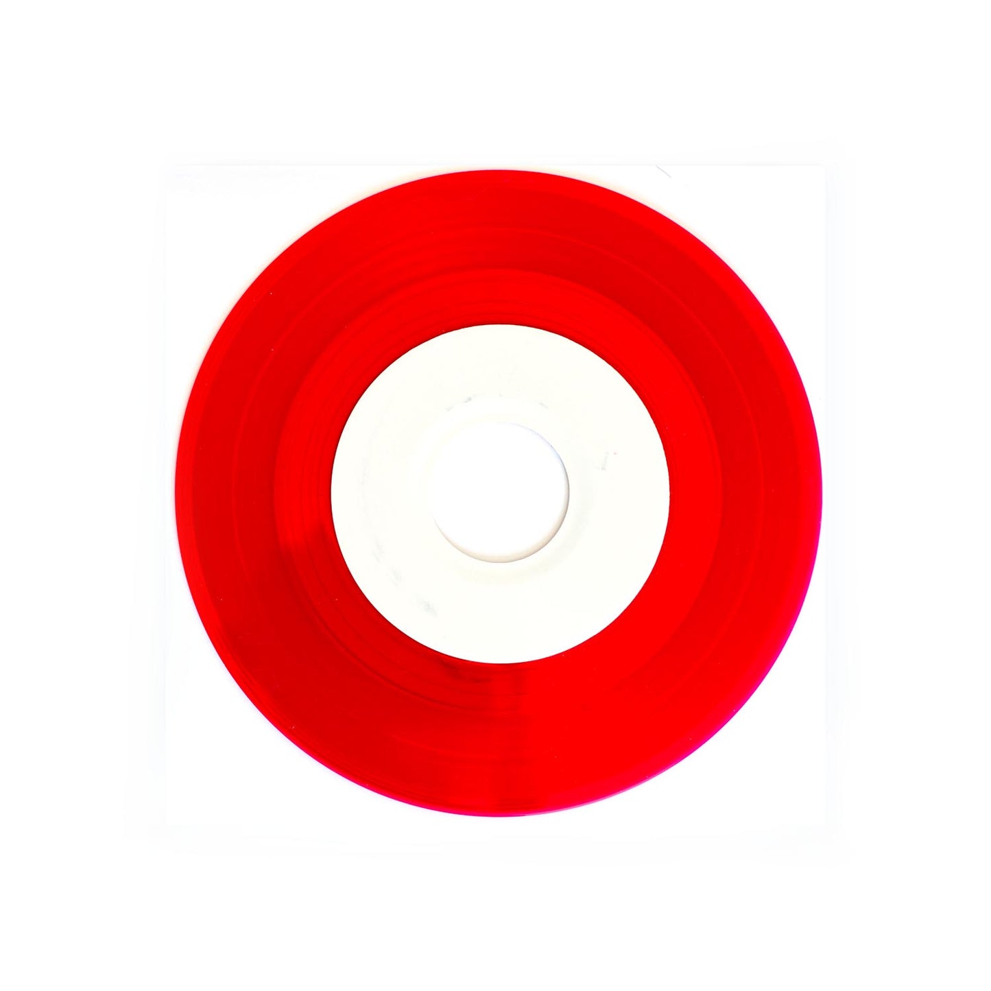 Red vinyl record with a white center on a white background