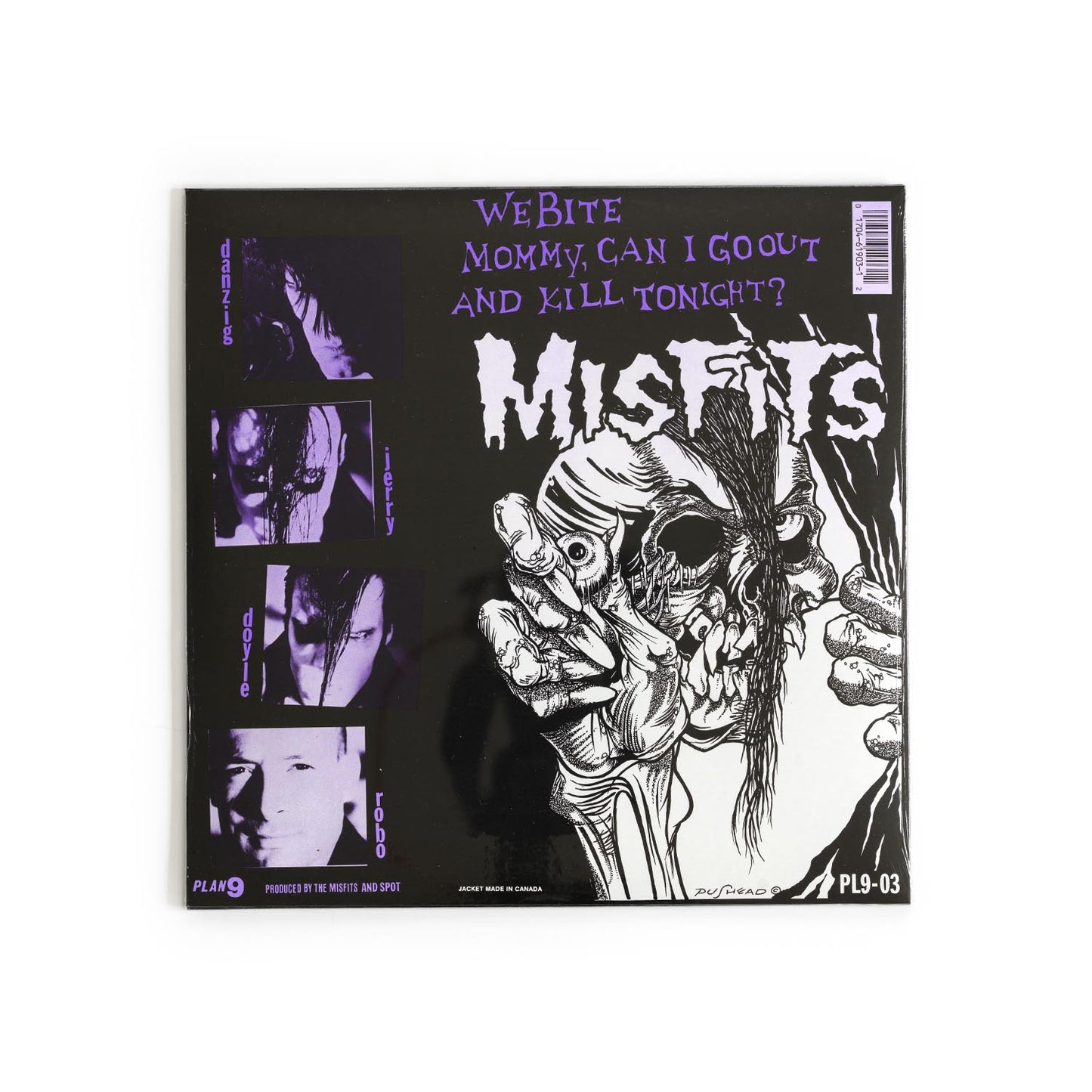 Misfits – Die Die My Darling vinyl back cover with band photo collage and tracklist in purple and black layout, Plan 9 and Caroline logos visible. There's an illustration of a skull with a devil lock my Pushead.
