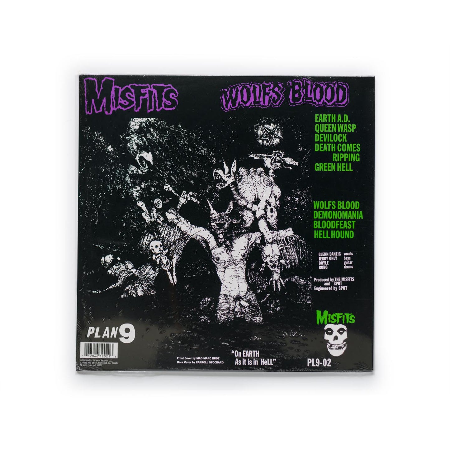 Misfits Earth A.D. back cover with track list and Carroll Stockard’s original design.
