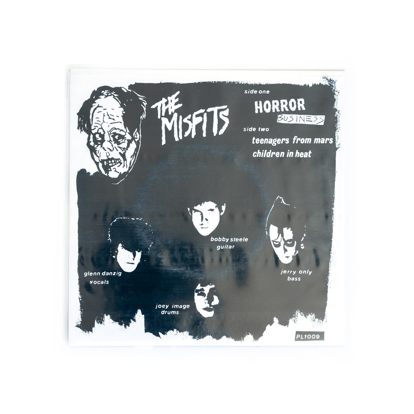 Back cover for 'The Misfits' Horror Business with black and white illustrations of band members on a dark background. Glenn Danzig, Joey Image, Bobby Steele, and Jerry Only.