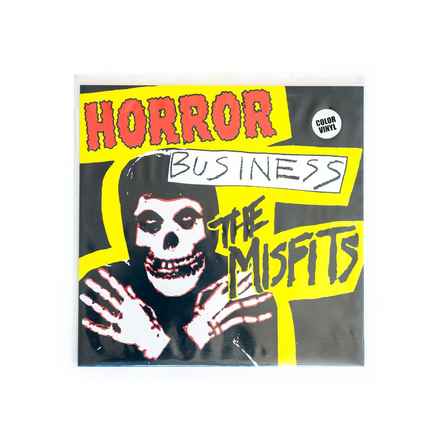 7 inch record cover for 'Horror Business' by The Misfits with a crimson ghost design.